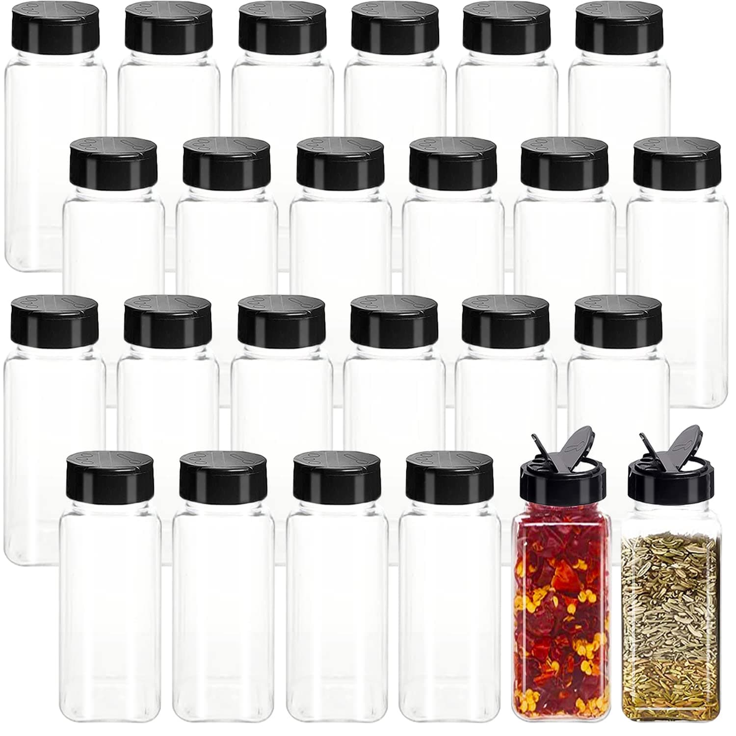 Tiaiidi 24 Pack 3.5 oz Square Plastic Spice Jars,Seasoning Containers with Black Screw Lids to Pour or Shake,Empty Storage Spice Containers for Spice,Powders,Peppers