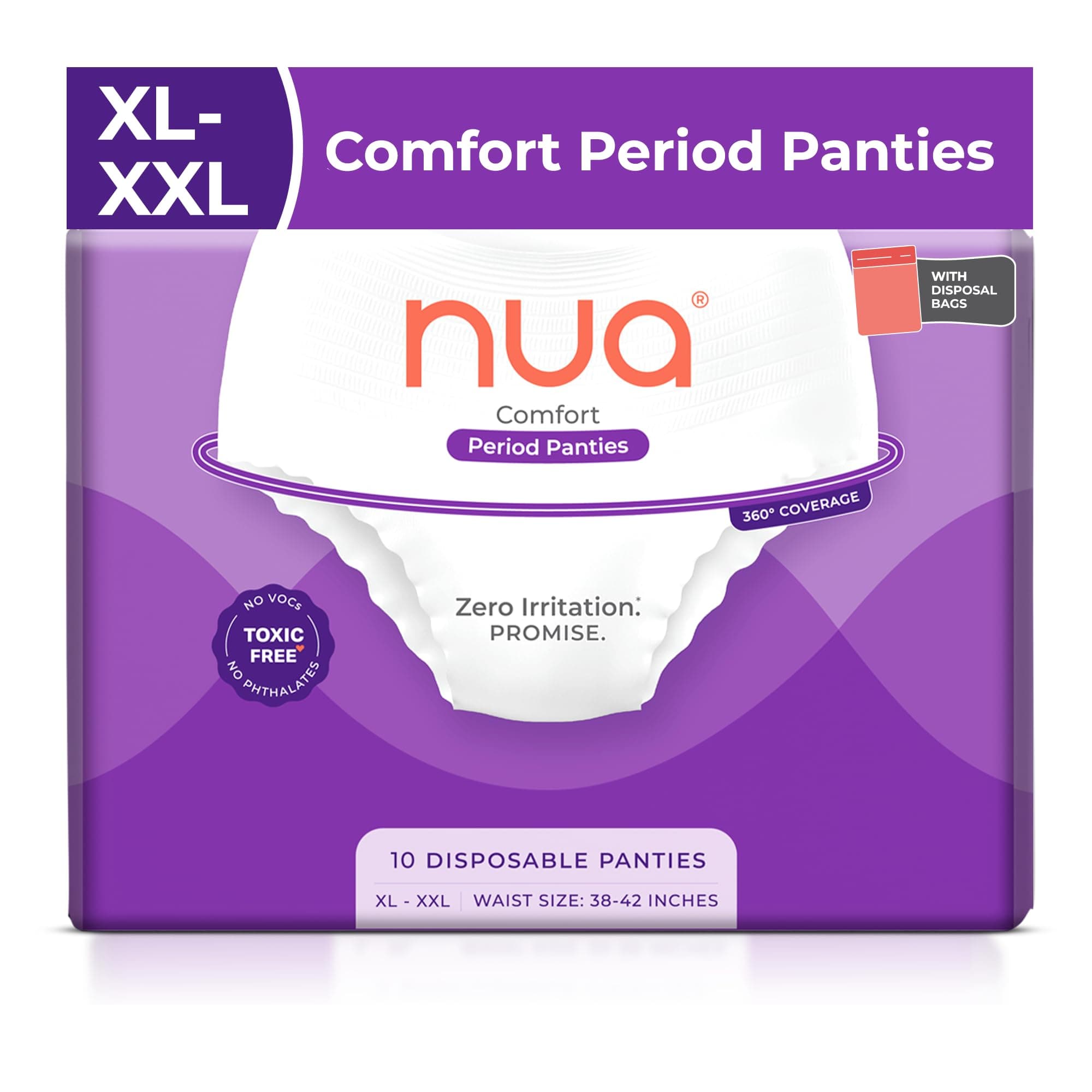 Nua Comfort Disposable Period Panties (XL-XXL) | Pack of 10 Panties | Disposable | 360° Coverage | Zero Irritation | 4x Comfort | For Heavy Flow | No rashes | Leakproof | Seamless | 100% Toxic-Free, Dermatologically Tested