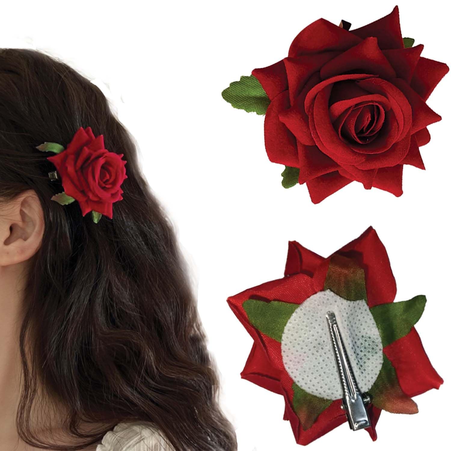 TEMPERIA (2pcs) Hair Accessories For Women & Girls - Stylish Red Rose Artificial Flowers Bun Juda Pins & Clips for Style & Decoration - Bridal Brooch & Braid for Hairstyle of Bride, Wedding & Party