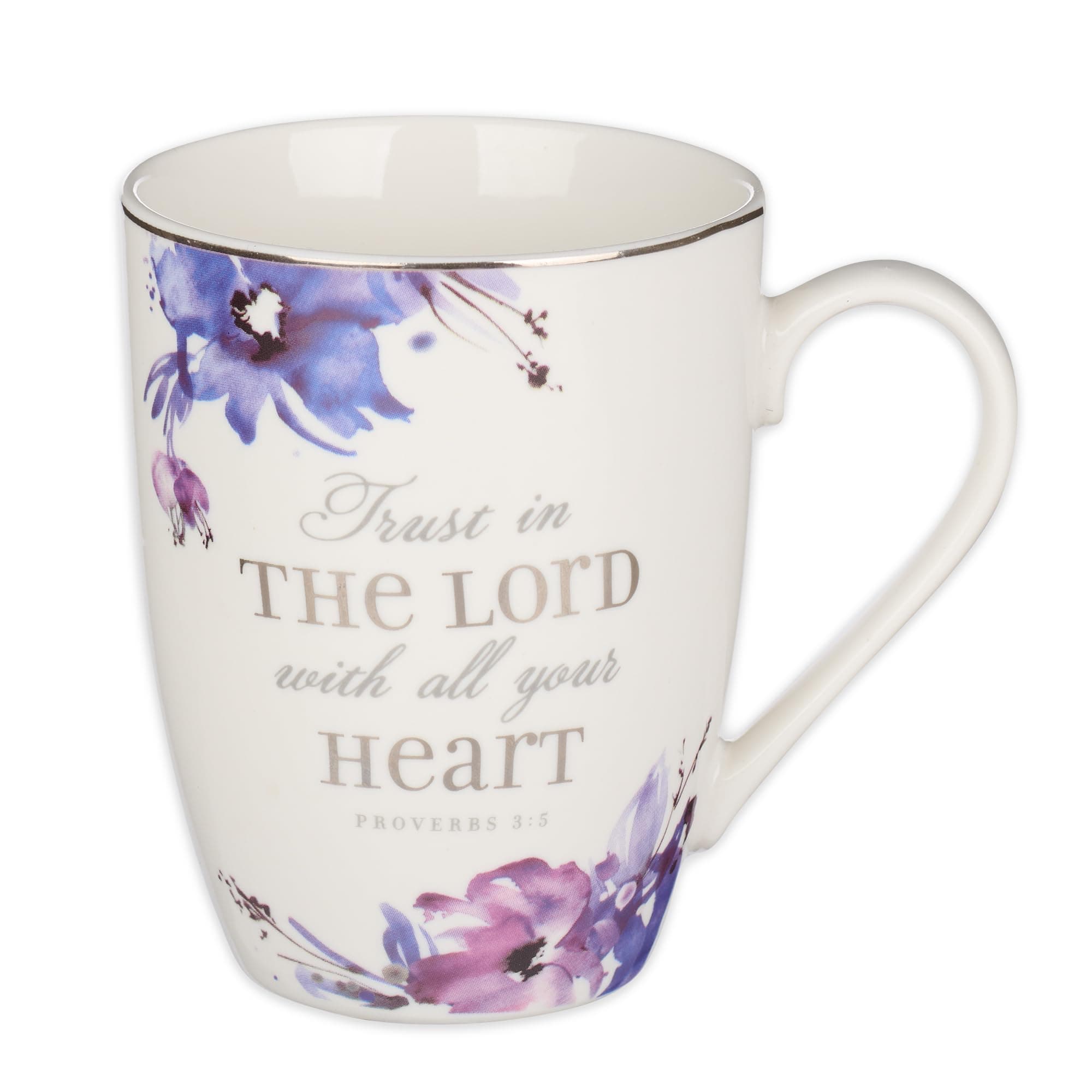 Christian Art Gifts Scripture Ceramic Encouraging Coffee and Tea Mug for Women: Trust in the Lord - Proverbs 3:5 Inspirational Bible Verse Cup for Hot and Cold Beverages, White & Purple Floral, 11 oz.