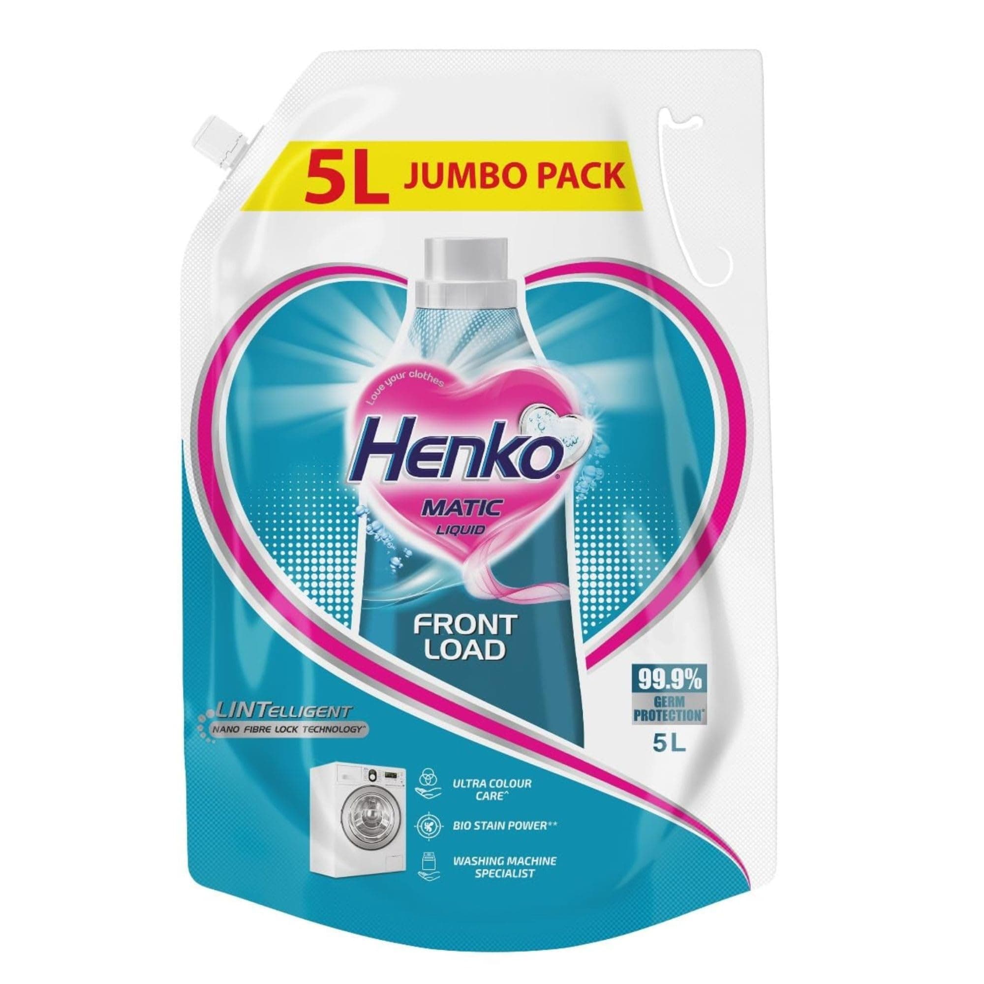 Henko Matic Front Load Liquid Detergent - 5L Jumbo Pack with Nano Fiber Lock Technology, 99.9% Germ Protection, Bio Stain Power & Ultra Color Care which maintains the Newness, Color & Shine