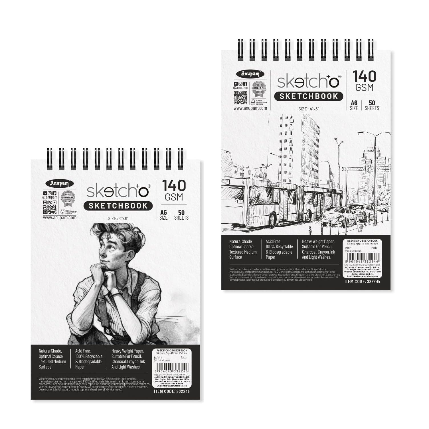 Anupam Sketch-O Sketchbook A6 | 50 Sheets 100 Pages | 140GSM | Durable Acid Free Drawing Paper | Top Spiral-Bound Sketchpad for Artists & Professionals for Marker Colored Pencil Charcoal (Set of 2)