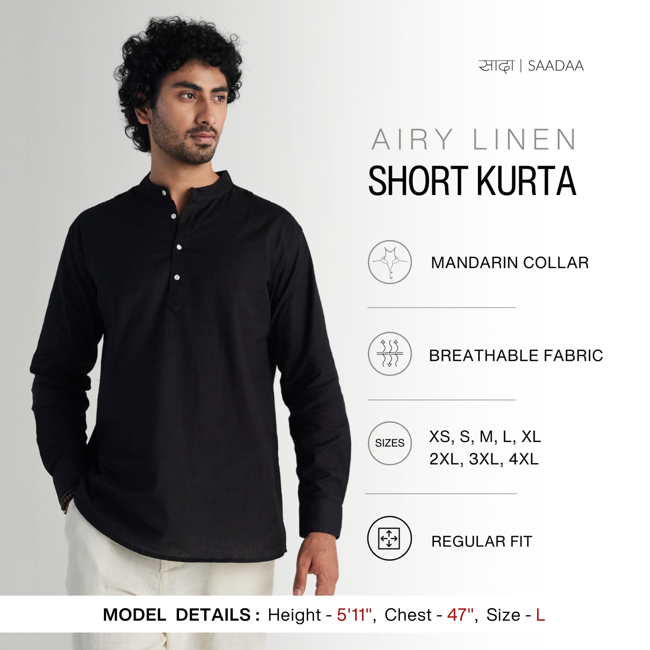 SAADAA Men's Short Kurta – Linen Cotton Blend, Airy Fabric, Regular Fit, Mandarin Collar, Solid Color – Casual, Festive & Ethnic Wear