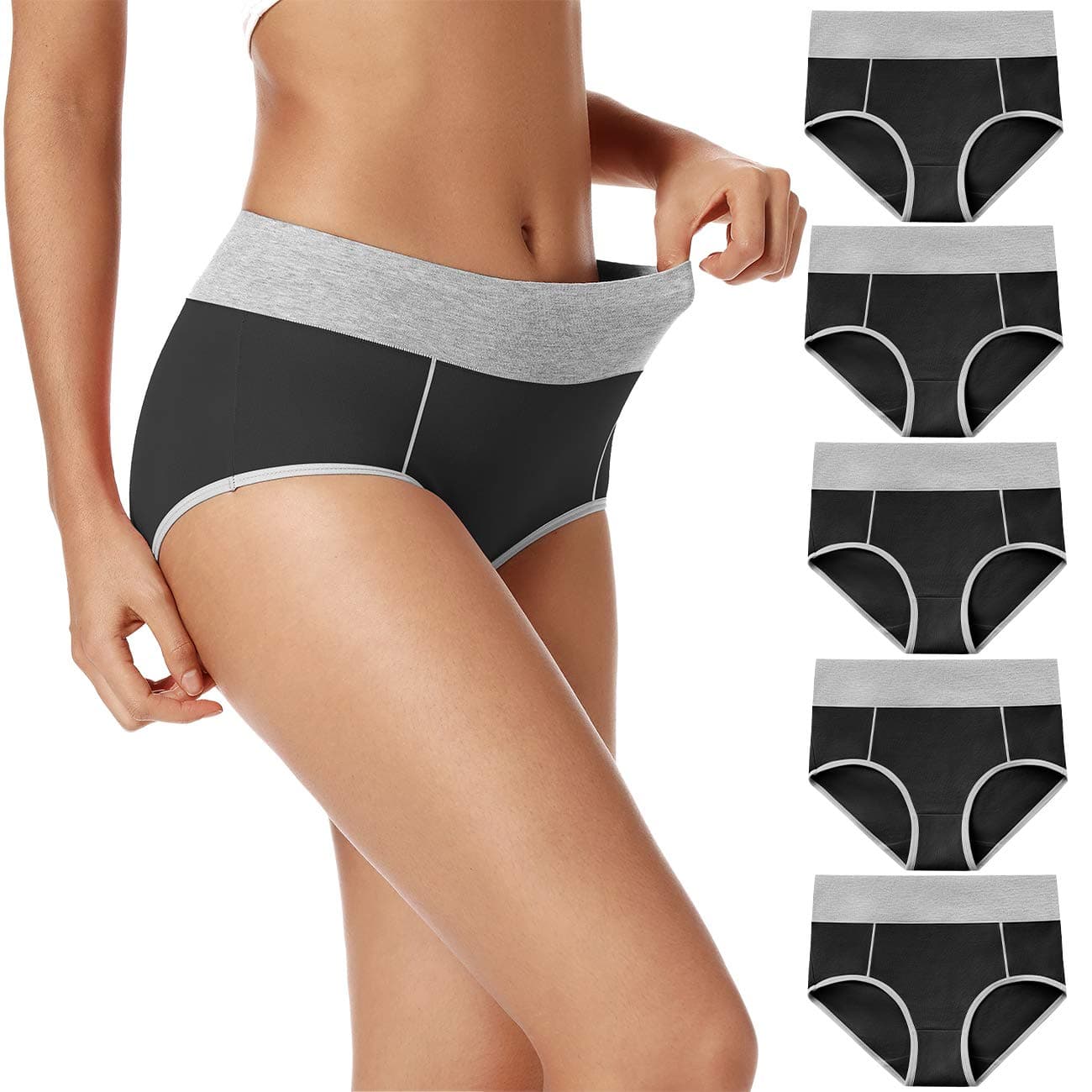 POKARLA Women's High Waisted Cotton Underwear Soft Breathable Panties Stretch Briefs Regular & Plus Size 5-Pack, Black-5pack, L