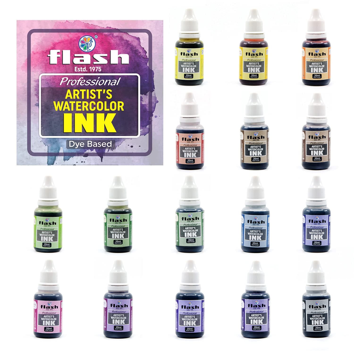 Flash Watercolour INK,Set of 16 Colors/Bottle (20 ml/0.7 US fl oz) with Dye Based Pigment, Vibrant Shades For The Artist, Hobby Painters