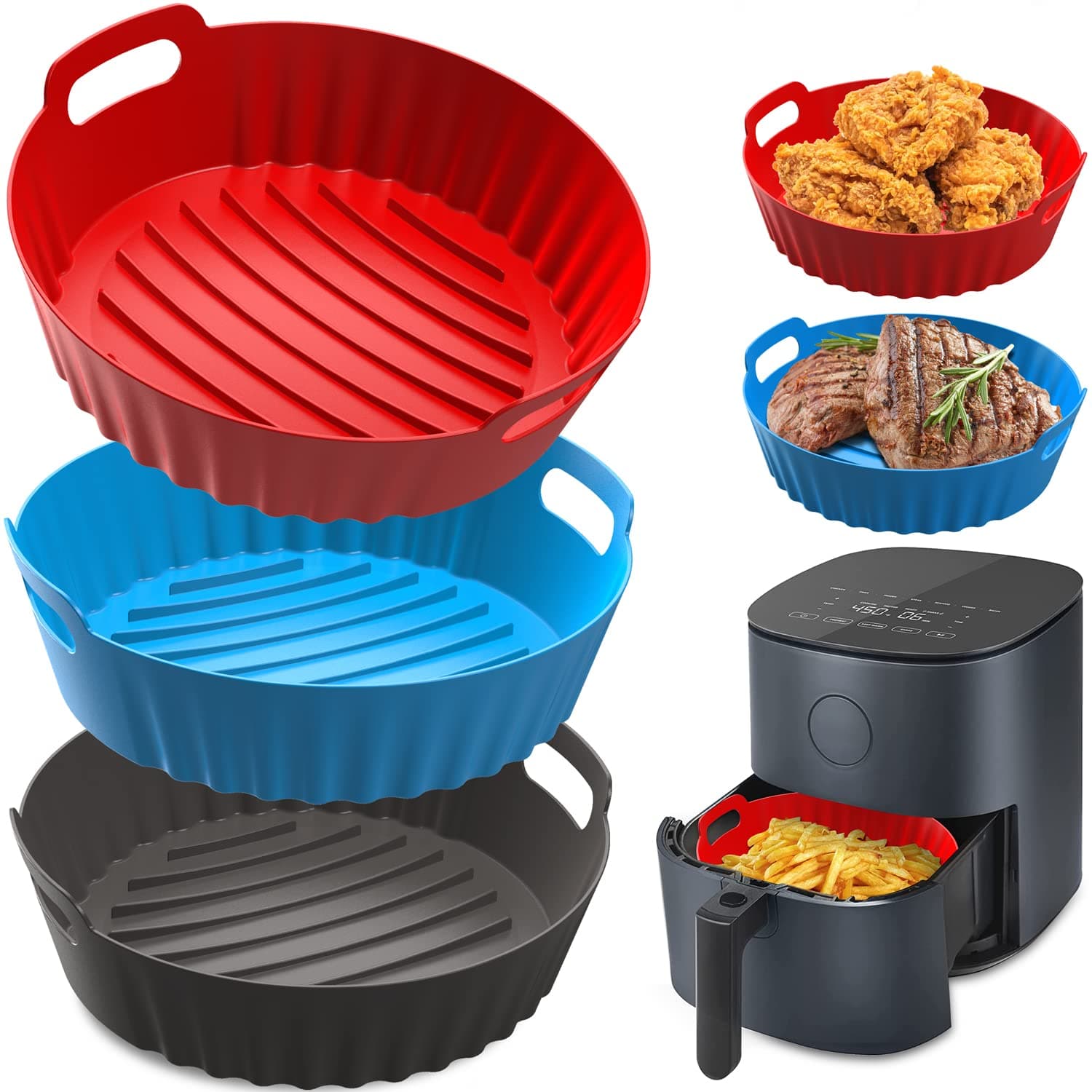 Silicone Air Fryer Liners, 3Pcs 8.6inch Pot Set Replacement for Parchment Paper, Heat Resistant Reusable Basket Fits 5Qt or Bigger Fryers, Gray+Red+Blue