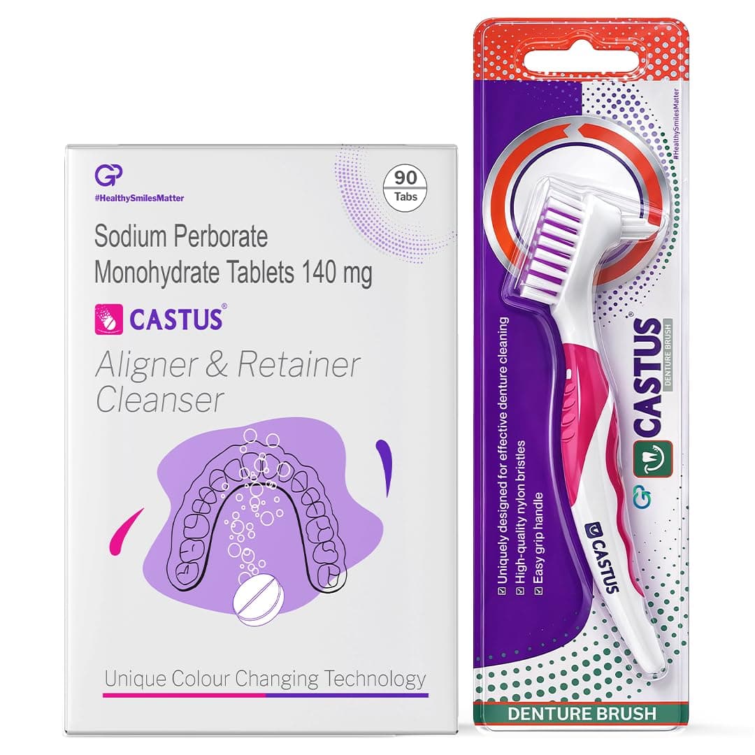 Castus Retainer & Aligner Cleanser Tablets + Denture Brush Combo Pack
