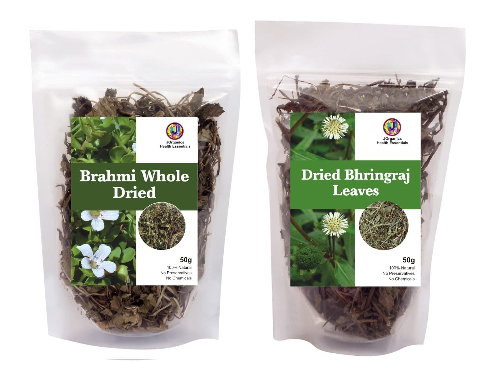 J Organics Bhringraj Brahmi Dry Leaves Raw Leaf Bhrangraj Brami Bhangra Bhringraj For Hair Regrowth Scalp Treatment Dry Frizzy Curly Straight Wavy Hair Type (Combo of 2,Pack of 50 Grams)