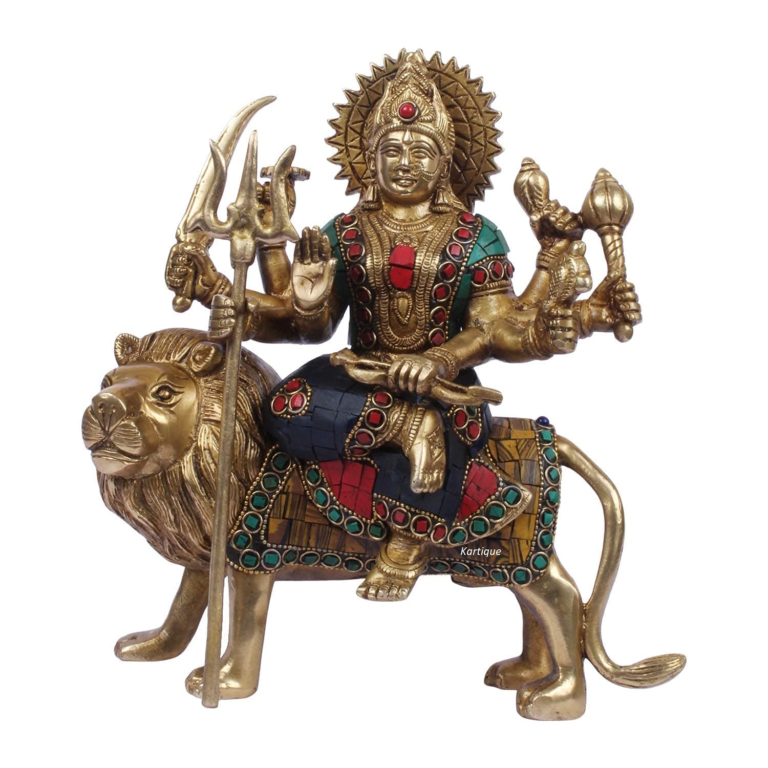 Kartique Brass Maa Durga Idol Sitting On Lion Ma Sherawali Murti Devi Statue for Home Mandir Office Living Room Shop Gift Navratra Puja Multicolor Stone Work Color 9 Inch
