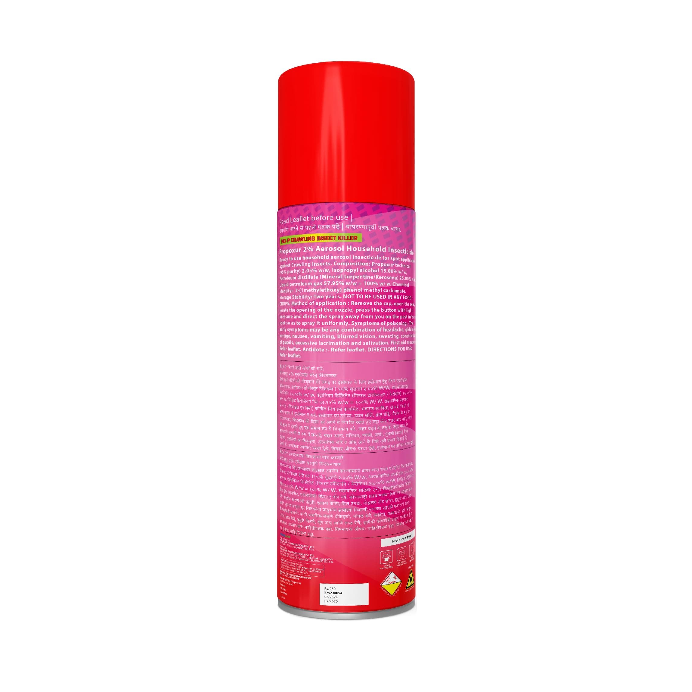 NO-P Cockroach killer spray | Crawling Insect killer spray | Instant Kill | Bedbugs, Cockroach, Ants, Spiders, Termites, Lizards, Worms, White Ants | 425ML Pack Of 1