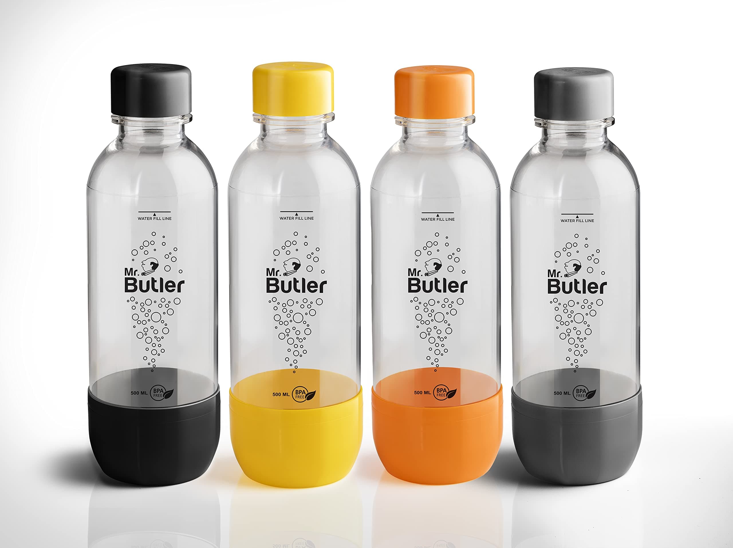 Mr. Butler BPA-Free PET Bottle, Fridge Water Bottle, Unbreakable, Transparent With Vibrant Colors, Air Tight Leak Proof Carbonation Retaining Seal Cap, Multicolor (500ml, Pack of 4)