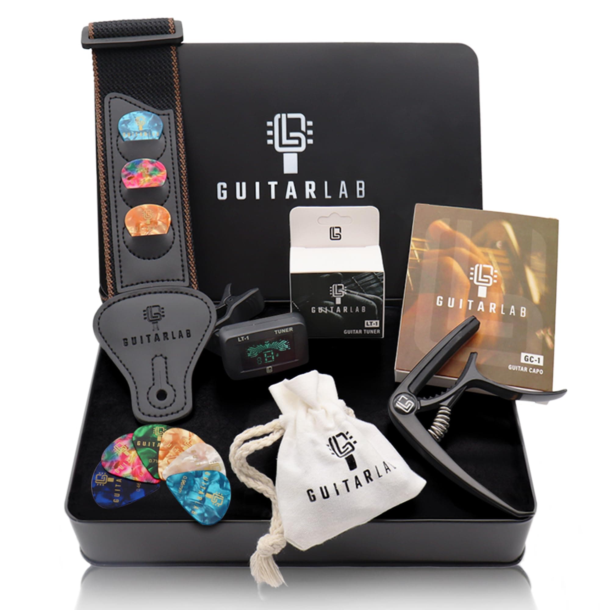 Guitar Lab Black Guitar Accessories Kit - Premium Metal Tin, Includes Guitar Strap, Capo, Guitar Tuner & Guitar Picks - Acoustic, Bass, Electric & Ukelele - Gift Set for Guitarists
