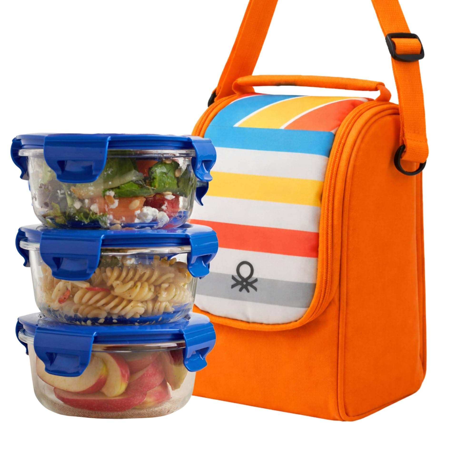 United Colors of Benetton Lunch Bag Set with 3 Glass Containers | Insulated Leakproof Tiffin Bag for Office, School & Travel | Durable, Stylish, BPA-Free Food Storage Kit