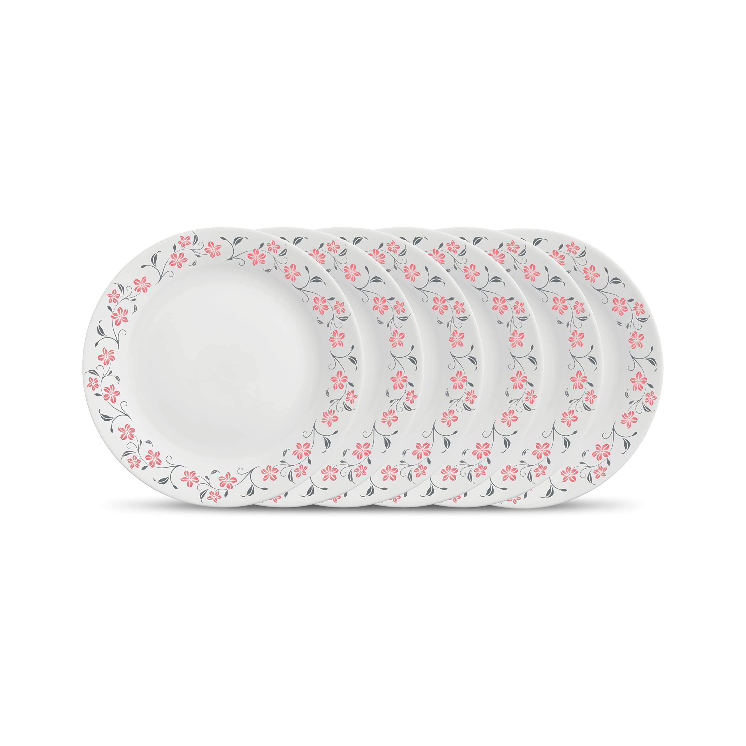 La Opala Diva Ivory Collection Opal Glass Crockery | Full Plate 11” Set of 6 | Grace Red Design | Dinner Plate for Dining & Gifting | Microwave Safe | 100% Vegetarian | Extra Strong, Light & White