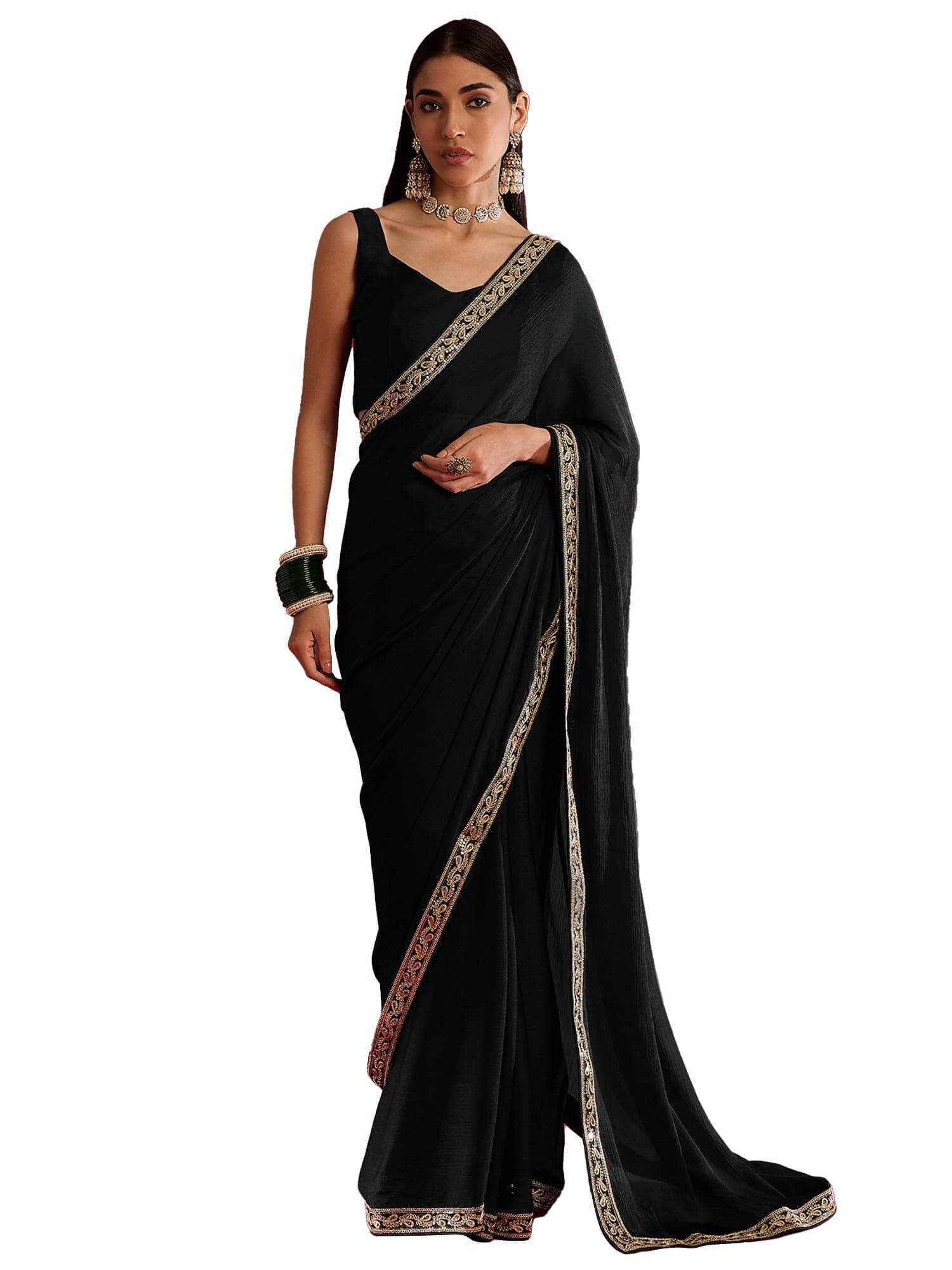 AKHILAM Women's Satin Solid Printed Saree With Unstitched Blouse