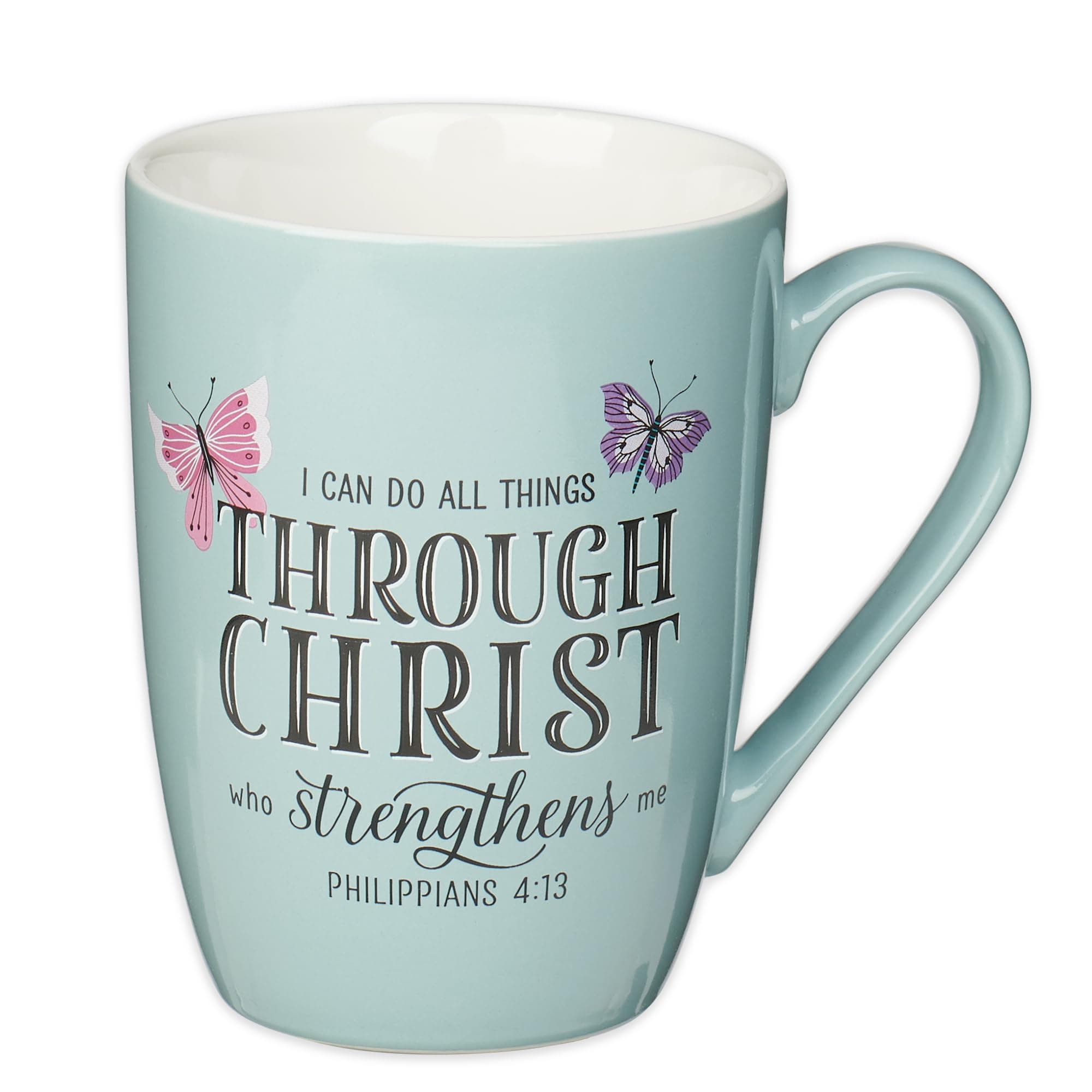 Christian Art Gifts Inspirational Microwave/Dishwasher Safe Ceramic Coffee & Tea Scripture Mug for Women: All Things Through Christ Encouraging Bible Verse, Cute Butterflies, Light Blue/White, 12 oz.
