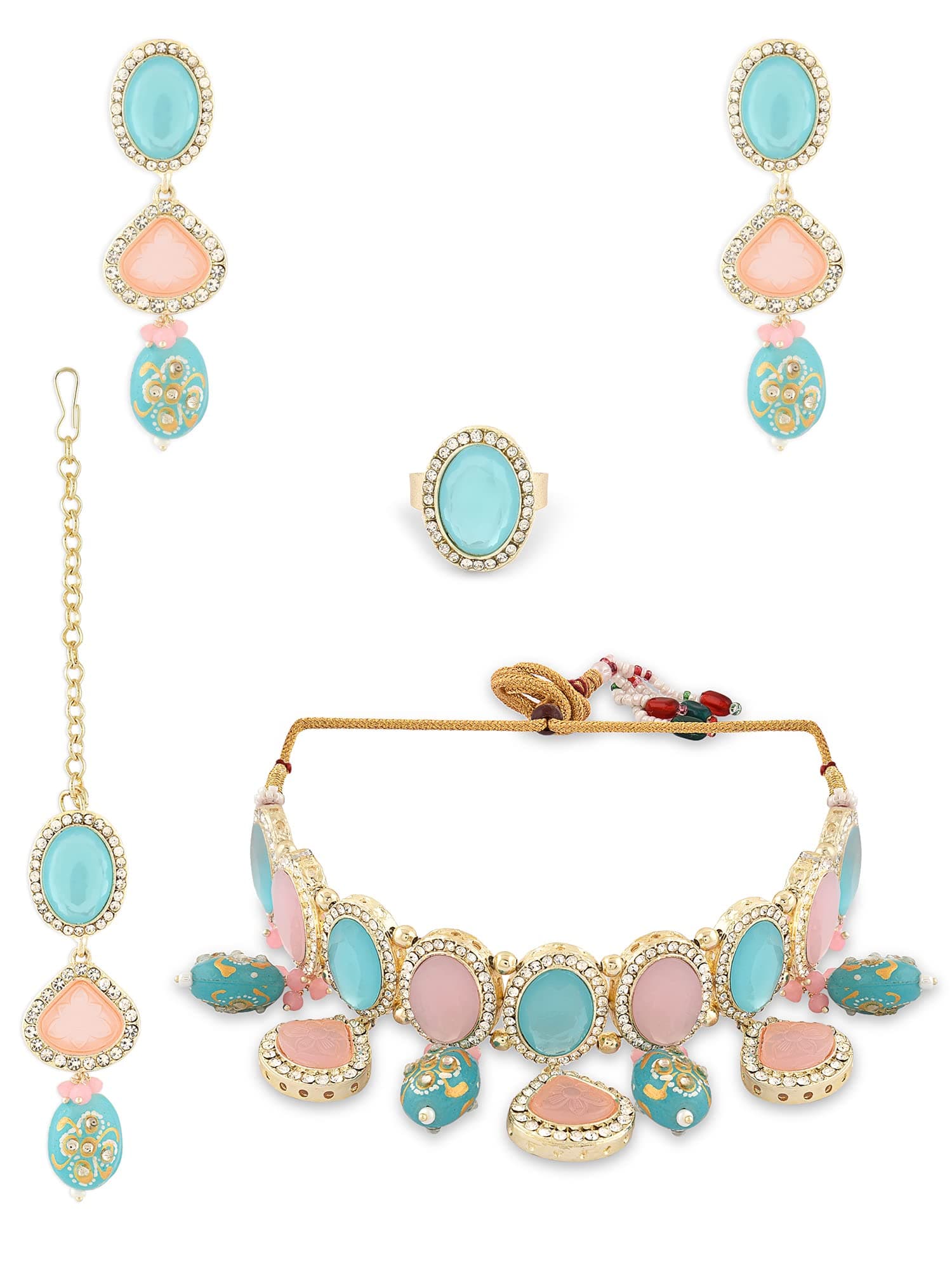 ZAVERI PEARLS Turquoise Blue Pink Ethnic Choker Necklace Earring Maangtikka Ring Set For Women-ZPFK15977