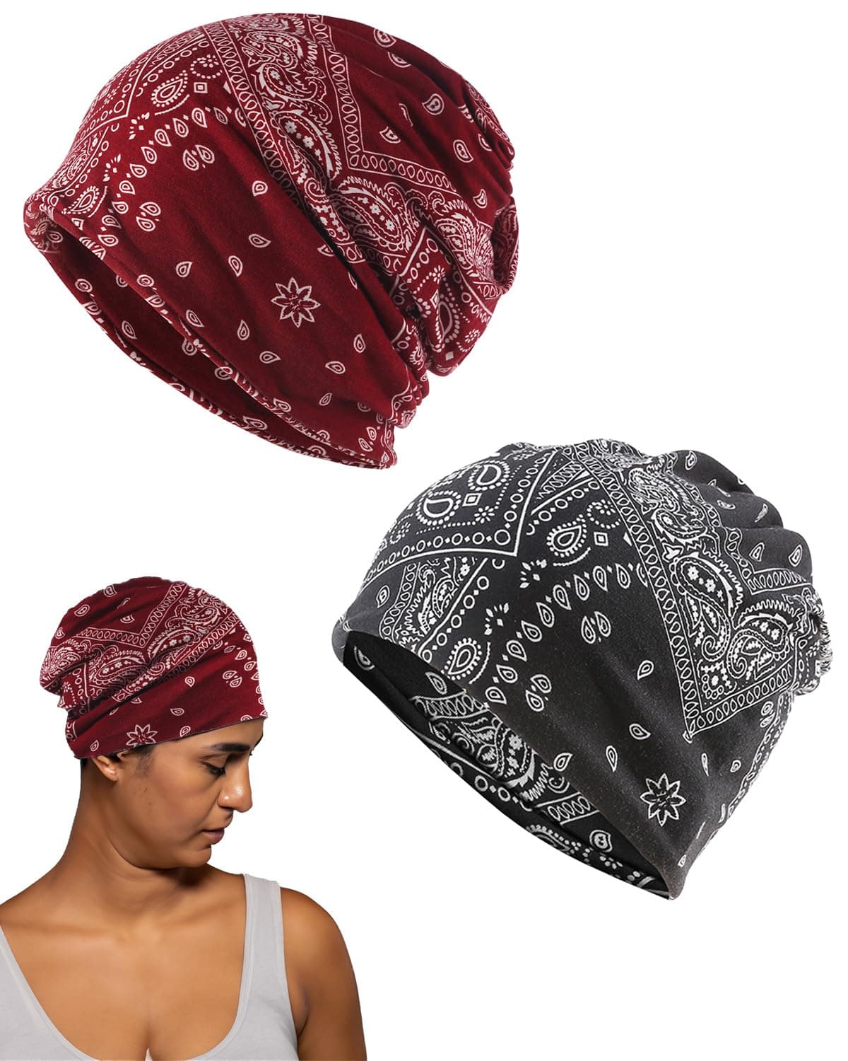 2 PCS Chemo Caps for Women, Slouchy Skull Caps, Soft and Stretchy Bandanas, Comfortable Beanie Caps Monkey Cap for All Seasons, Head and Neck Print Scarf for Outdoor Casual Wear (Red, Black)