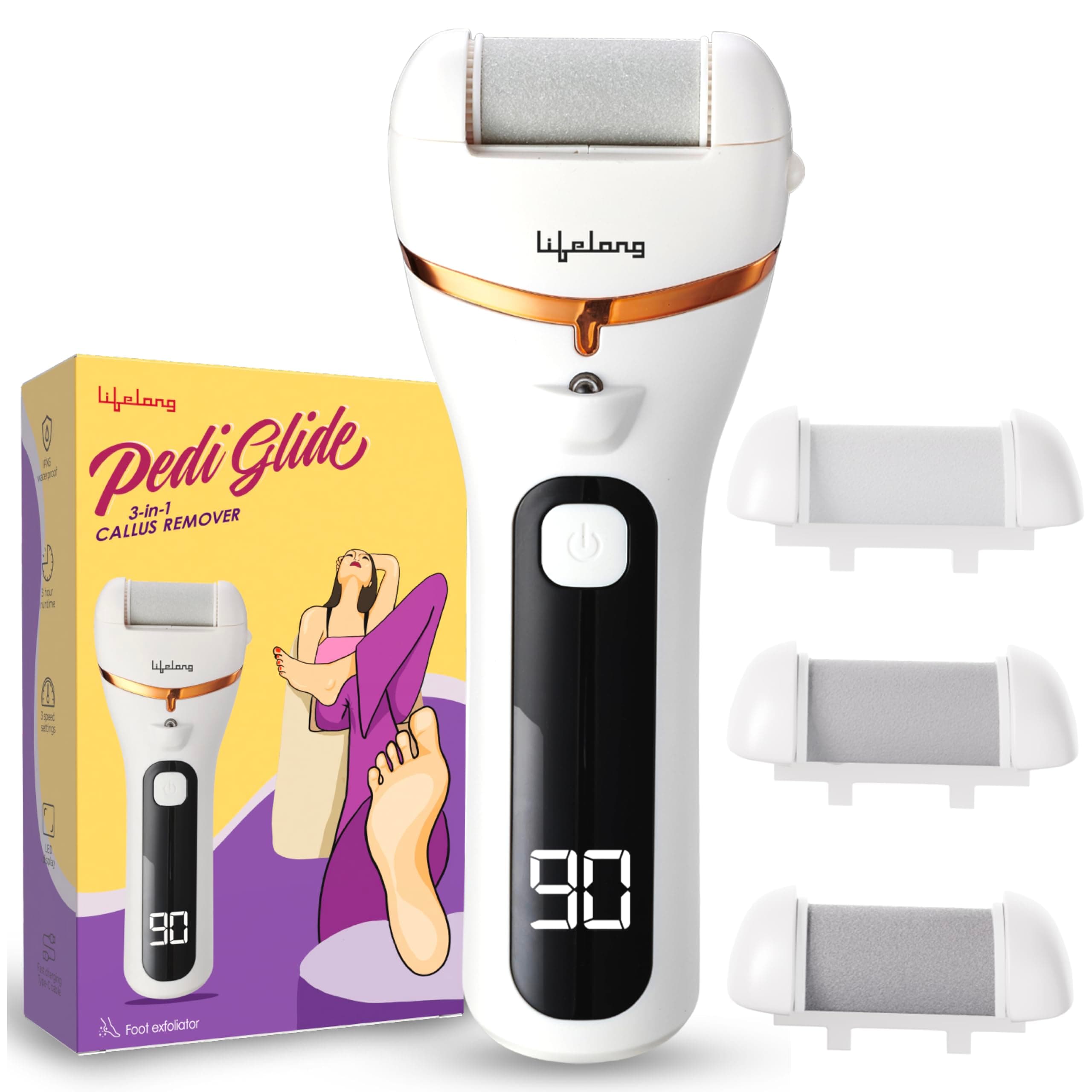 Lifelong Callus Remover for Feet Electronic with 3Heads|TypeC Rechargeable Foot Scrubber for Dead Skin Remover |3Hr Runtime Pedicure Tool Kit for Women|Waterproof 3-Speed Foot Cleaner|LED Focus Light