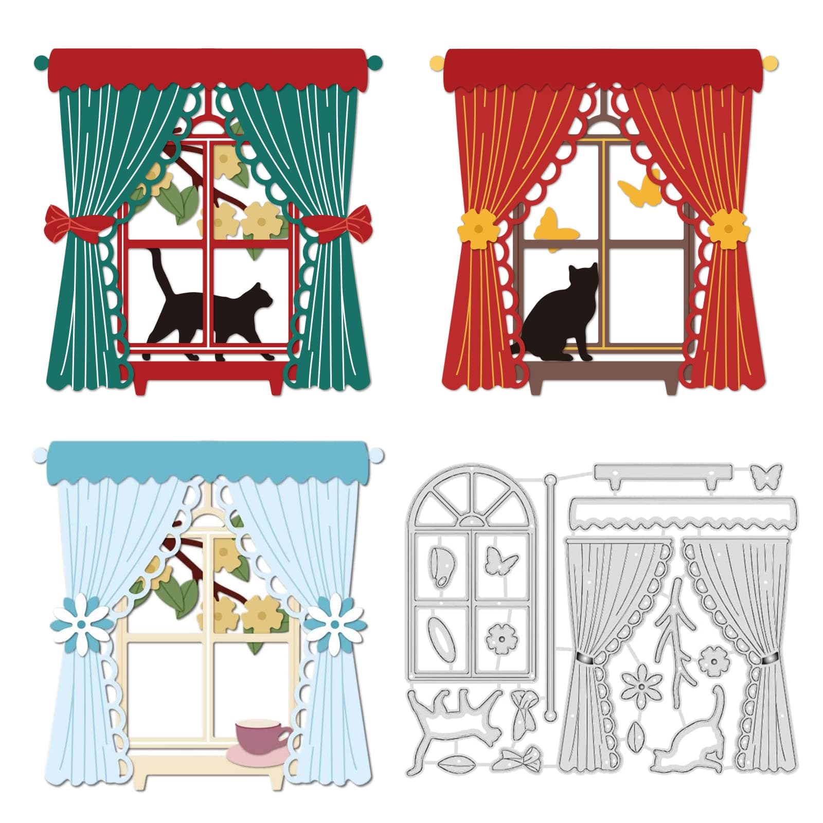 INFUNLY Window Dies Cuts Curtain Metal Cutting Dies Frame Cutting Dies for Card Making Cat Butterfly Pattern Clearance Embossing Dies for DIY Scrapbooking Decor