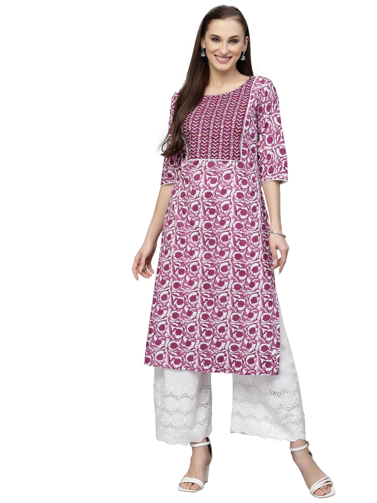 Stylum Women Floral Printed Cotton Straight Kurta Purple
