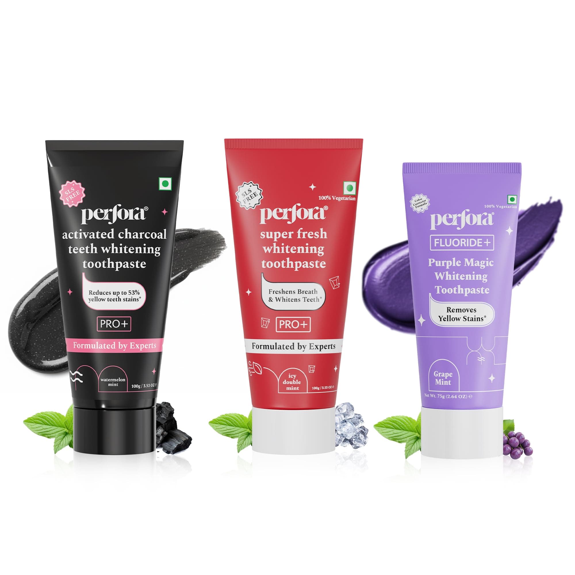 Perfora Teeth Whitening Toothpaste Combo | Super Fresh, Activated Charcoal & Purple Toothpaste | SLS free | Enamel-Safe & Sensitivity-Free Oral Care