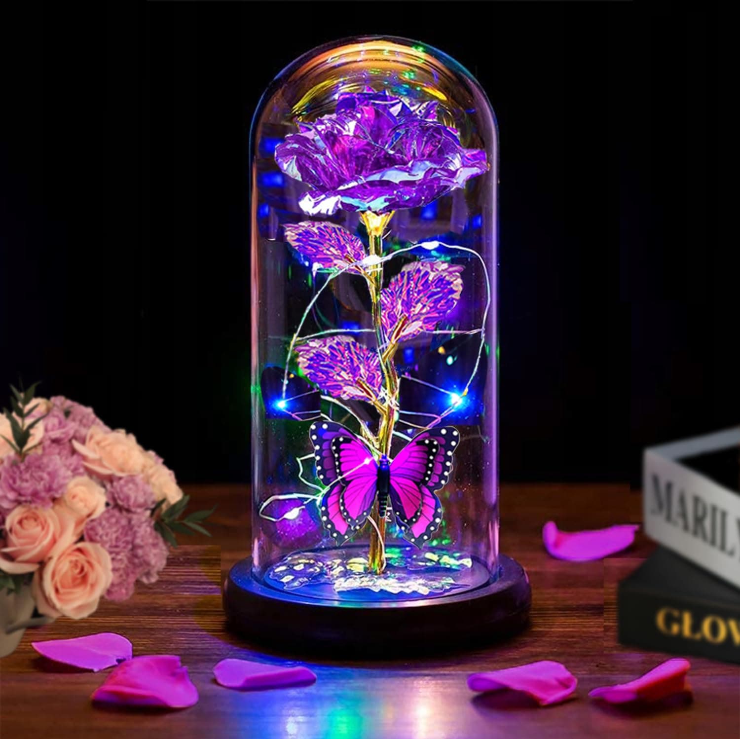 Thrjia Valentines Day Gifts for Her,Valentines Day Rose Flowers Gifts for Mom Girlfriend Women Wife,Birthday Gifts for Women, Valentines for Her,Glass Flowers Light Up Rose Gifts for Mom,Purple Rose