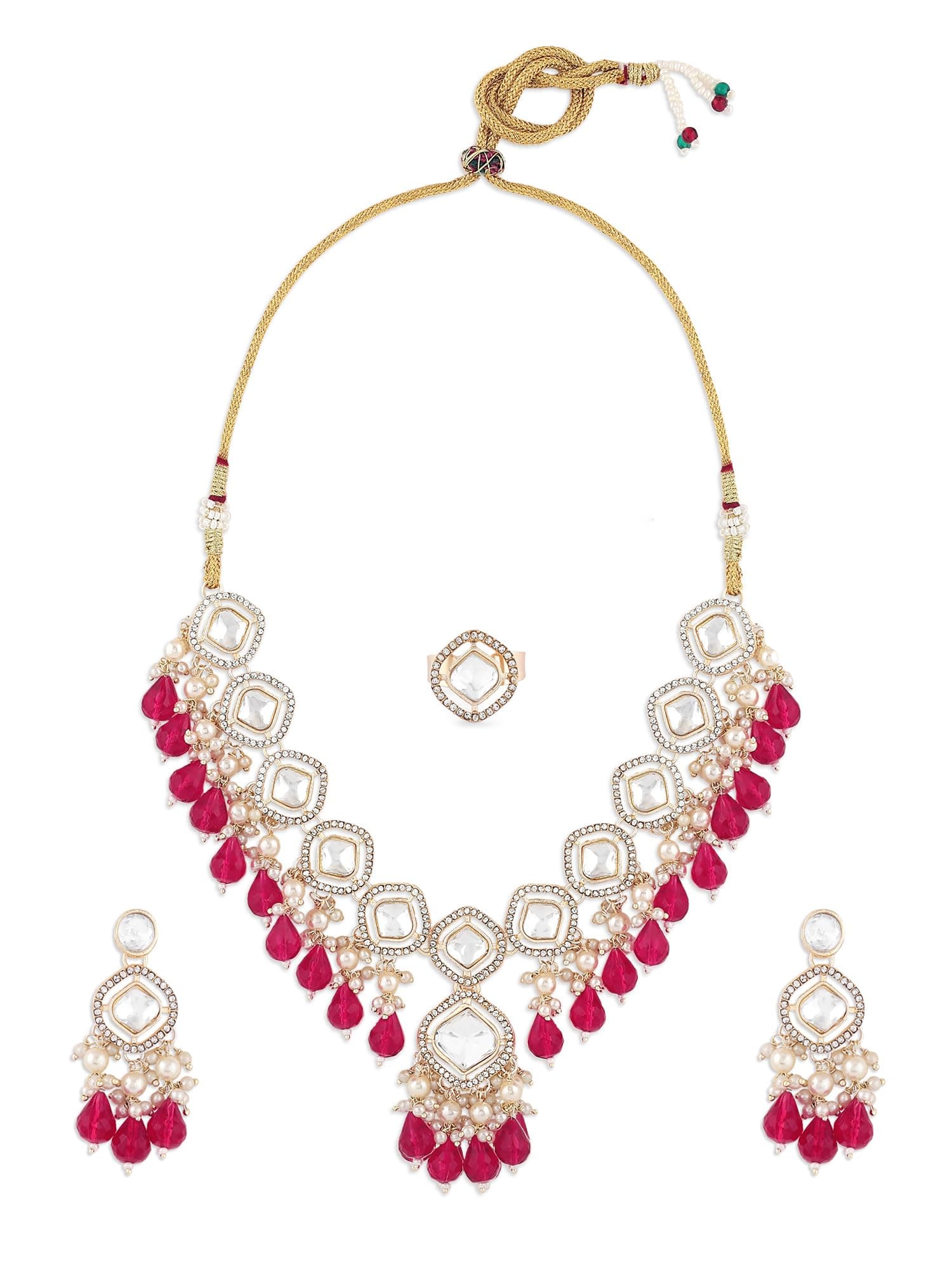 ZAVERI PEARLS Pink Bead Dazzling Stones Embellished Choker Necklace Earring & Ring Set For Women-ZPFK17793