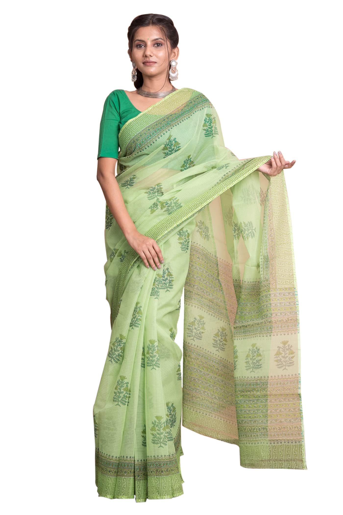 KISHORI Women's Floral Pattern Hand Block Printed Kota Doria Saree and Mulmul Cotton Blouse Fabric (Green)