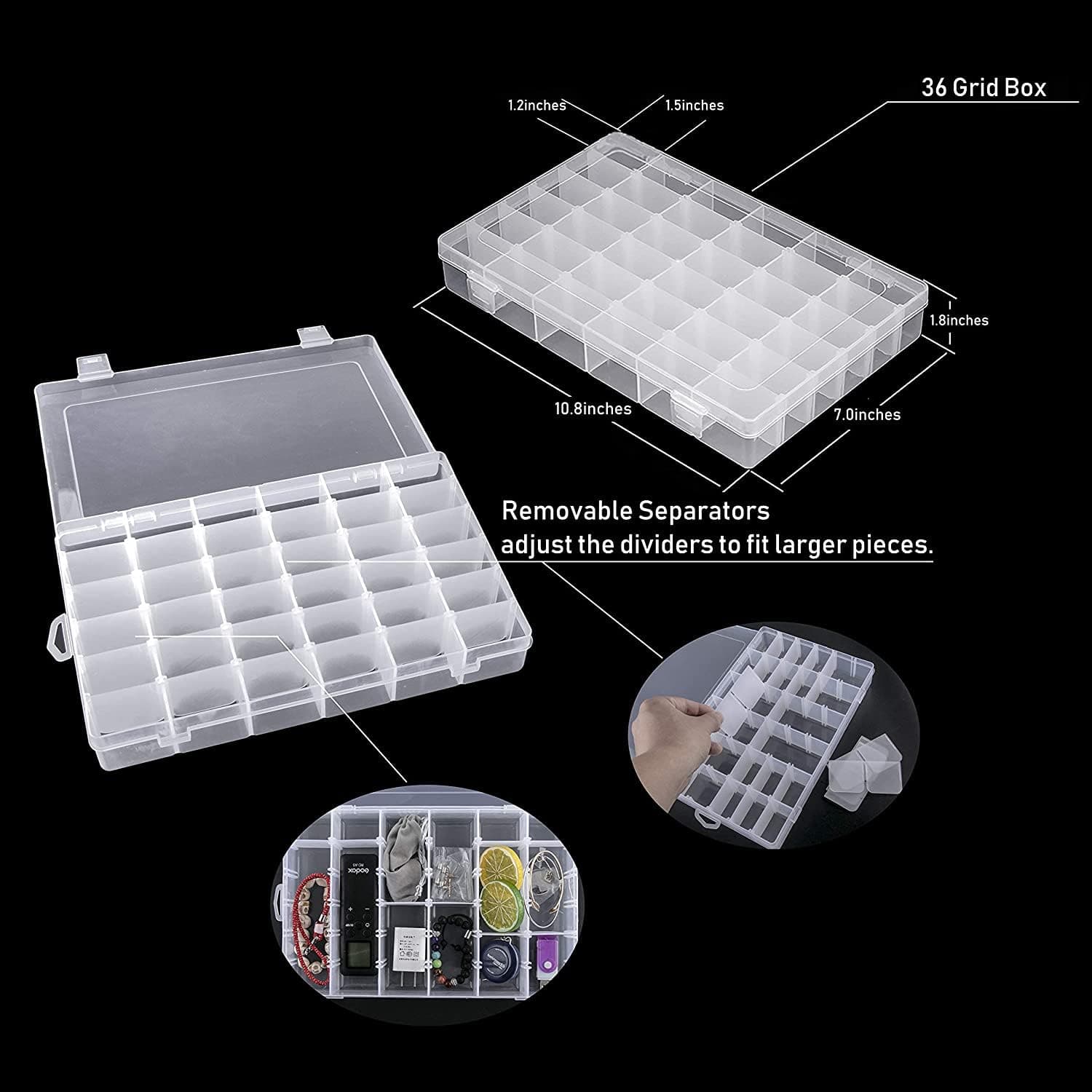 LEMBOSE 36 Grid Cells Multipurpose Clear Transparent Plastic Storage Box with Removable Dividers Jewelry Box