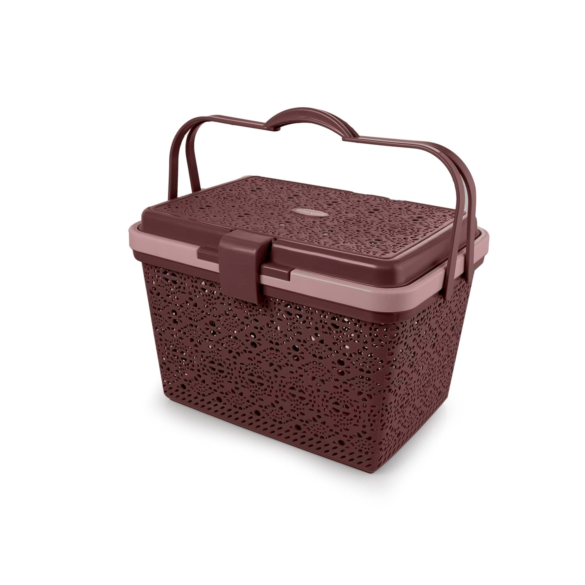 Nayasa Flower Picnic Basket | Plastic Multipurpose Basket with Lid | Sleek & Durable Organizer Basket with Lid | Ideal for Outdoors | Strong & Sturdy Handle | Dark Brown