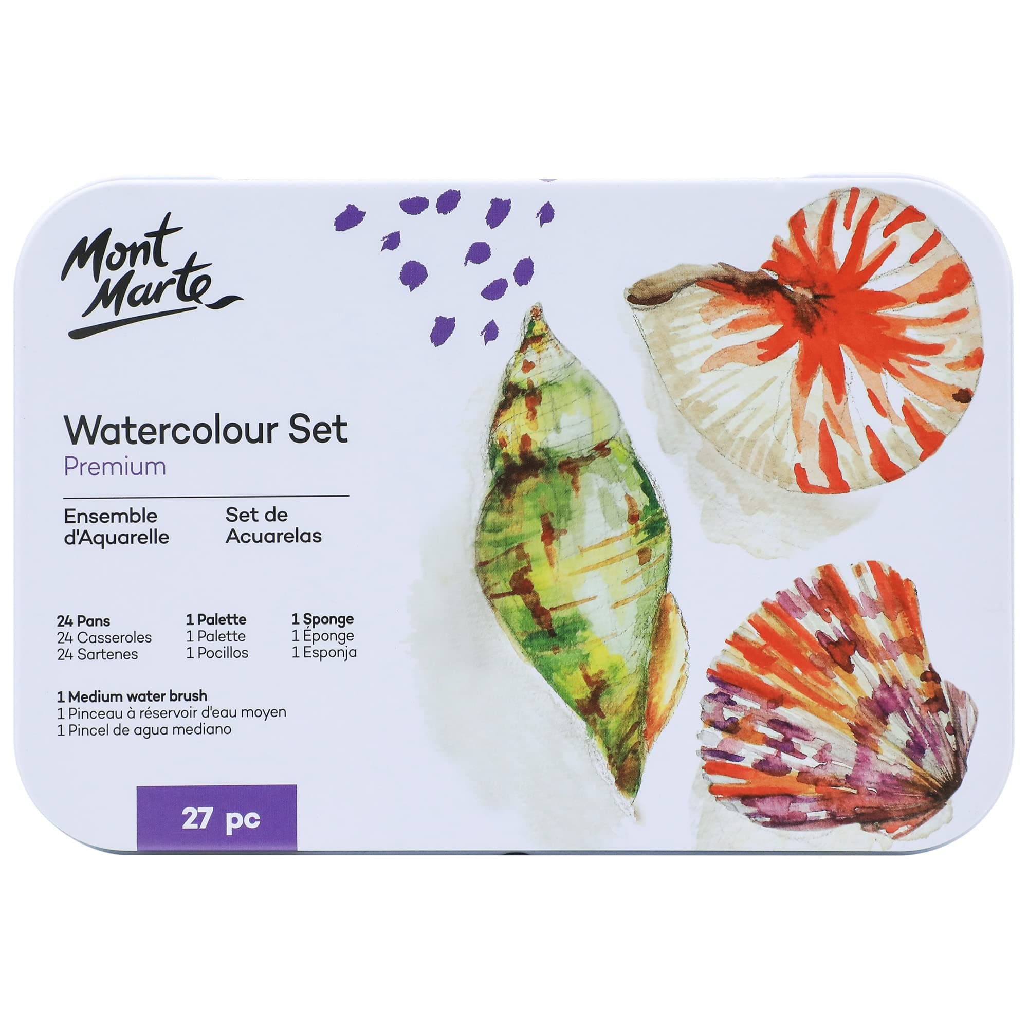 Mont Marte Premium Watercolor Cake Set, 27 Piece, 24 Colors, 1 Water Brush, 1 Sponge, 4 Mixing Wells, Assorted