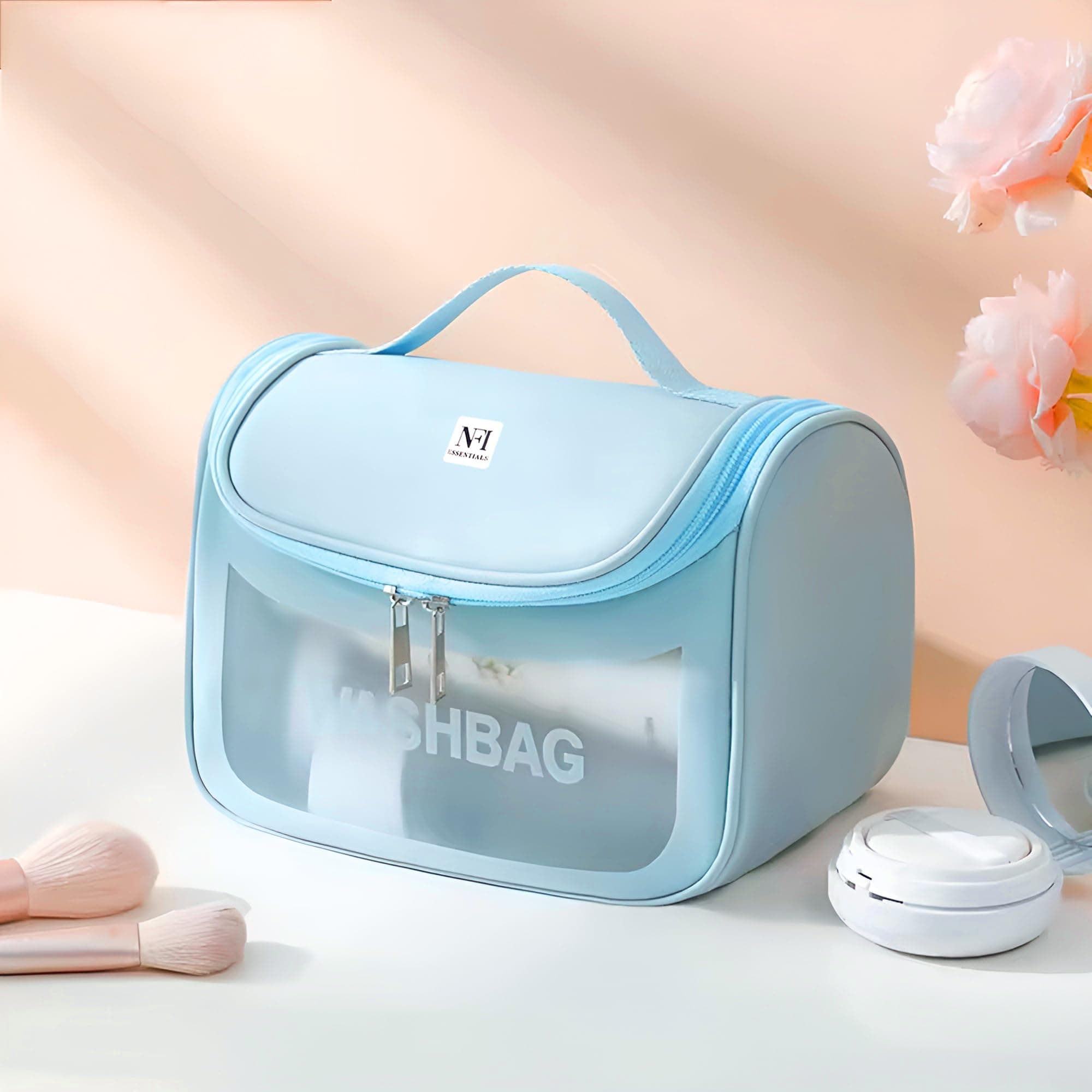 NFI essentials Transparent Cosmetic Organizer Bag with Hook, Washbag Pouch Travel Makeup Bag Portable Carry Toiletry Storage Bag Makeup Pouch for Women Girls