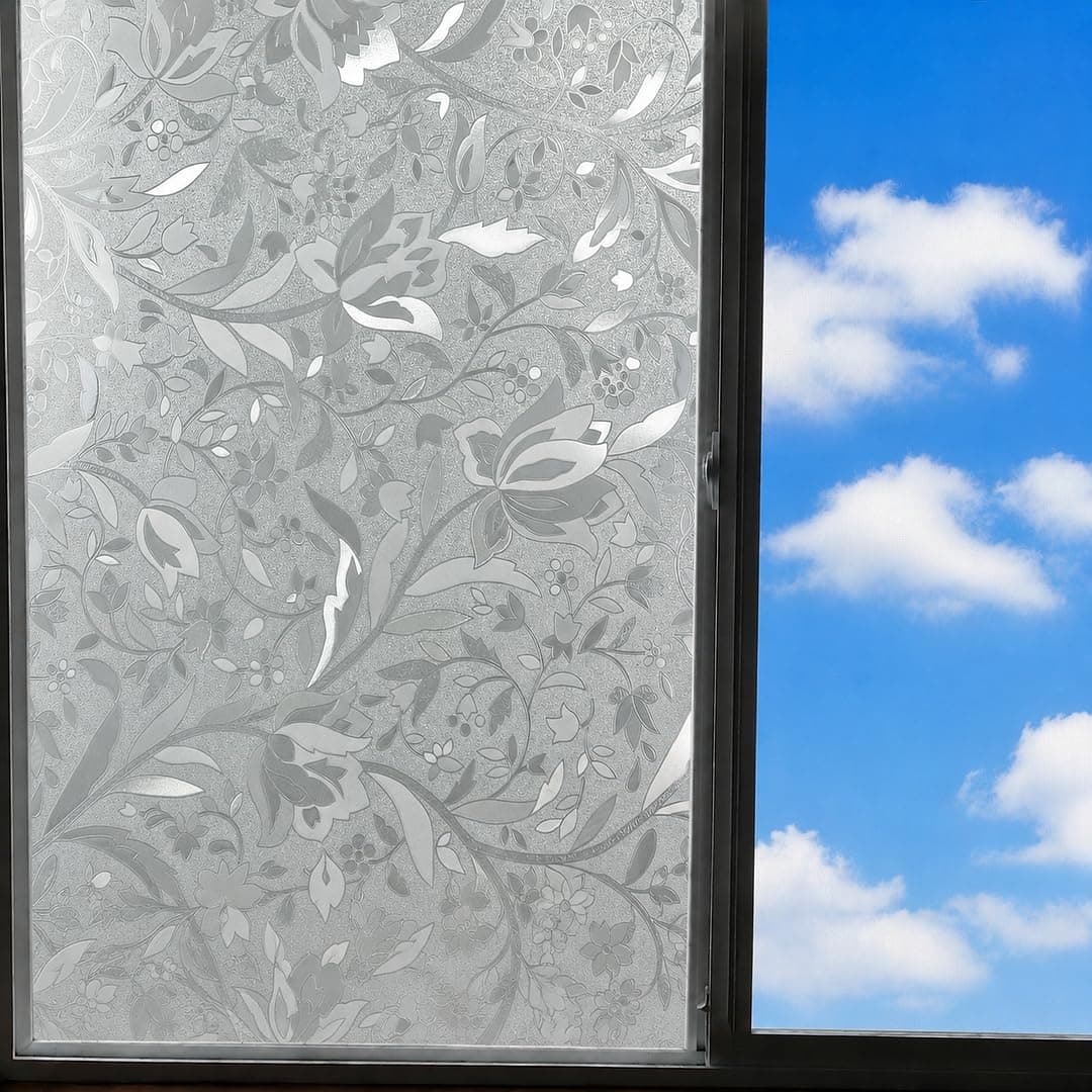 CVANU Floral Frosted Glass Covering Privacy Window Film, Self Adhesive Waterproof Vinyl Sticker for Glass Doors, Windows, Bathroom & Office Use (24 x 150 Inch)