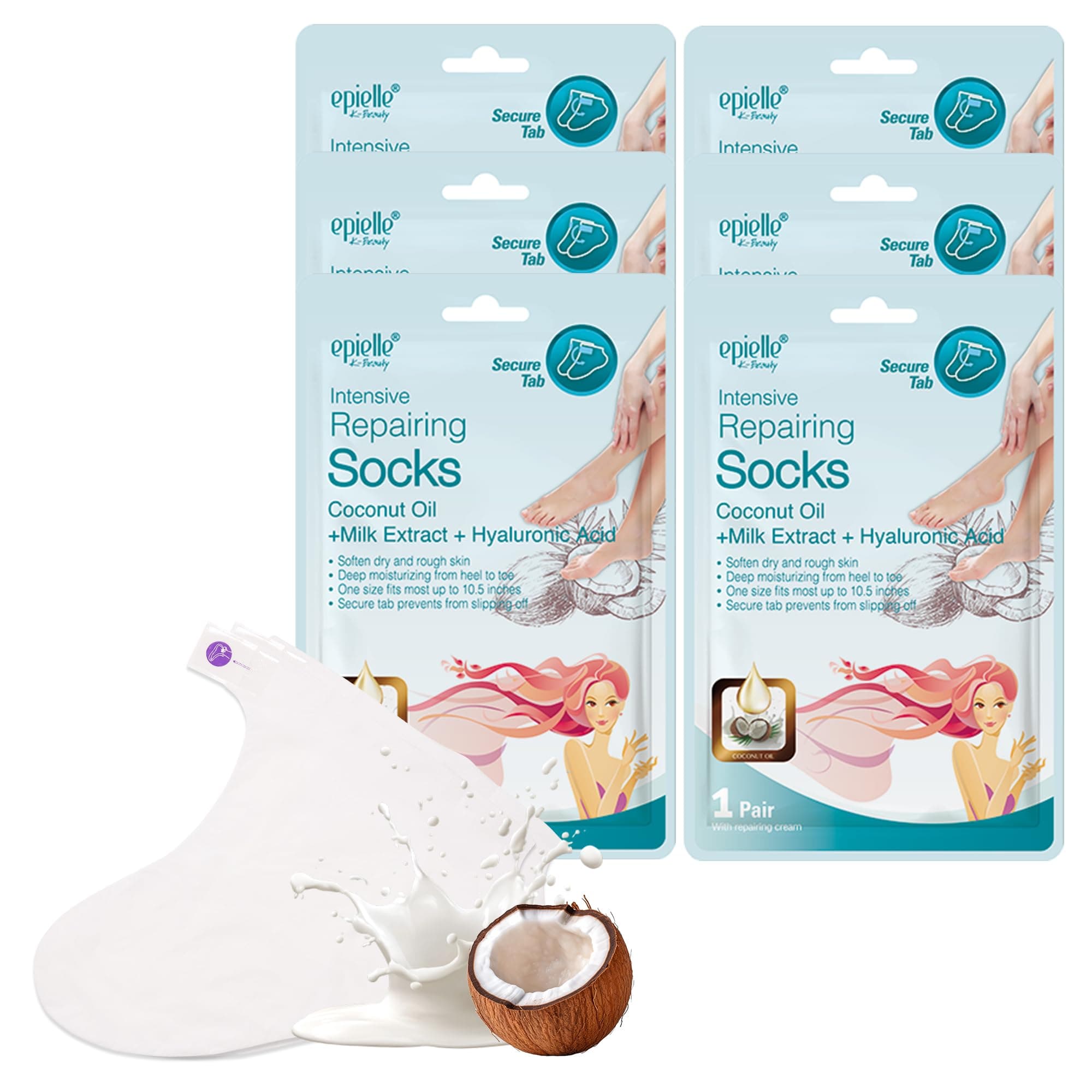 Epielle Intensive Repairing Foot Mask for Dry foot and Cracked heel and callus (Socks-6pk) Foot Spa masks | Coconut Oil + Milk Extract + Hyaluronic Acid