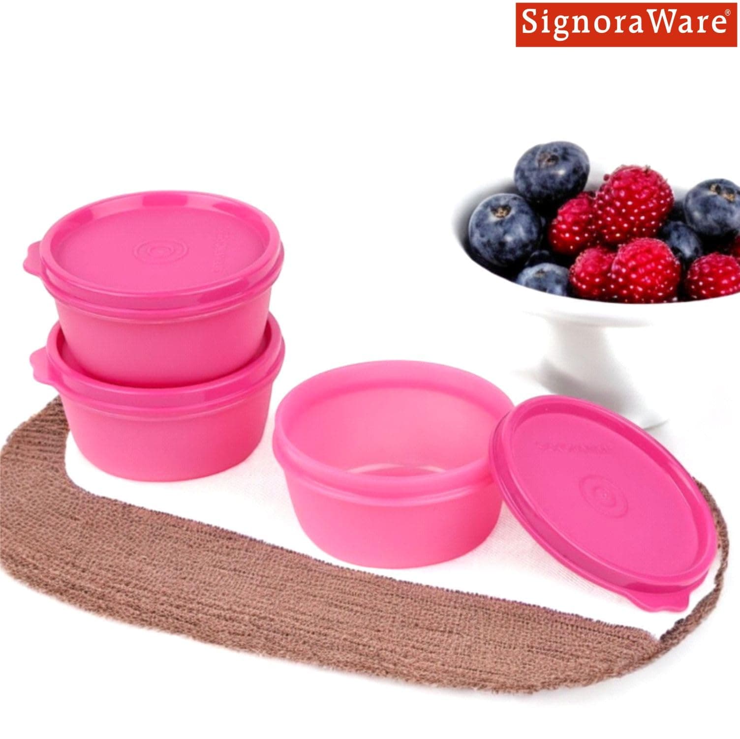 SignoraWare Tiny Wonder BPA Free Plastic Storage Containers | Airtight & Leakproof | Easy To Clean | Microwave Safe | Useful for School, Picnics & outdoors (200ml + 200ml + 200ml | Set of 3 | Pink)