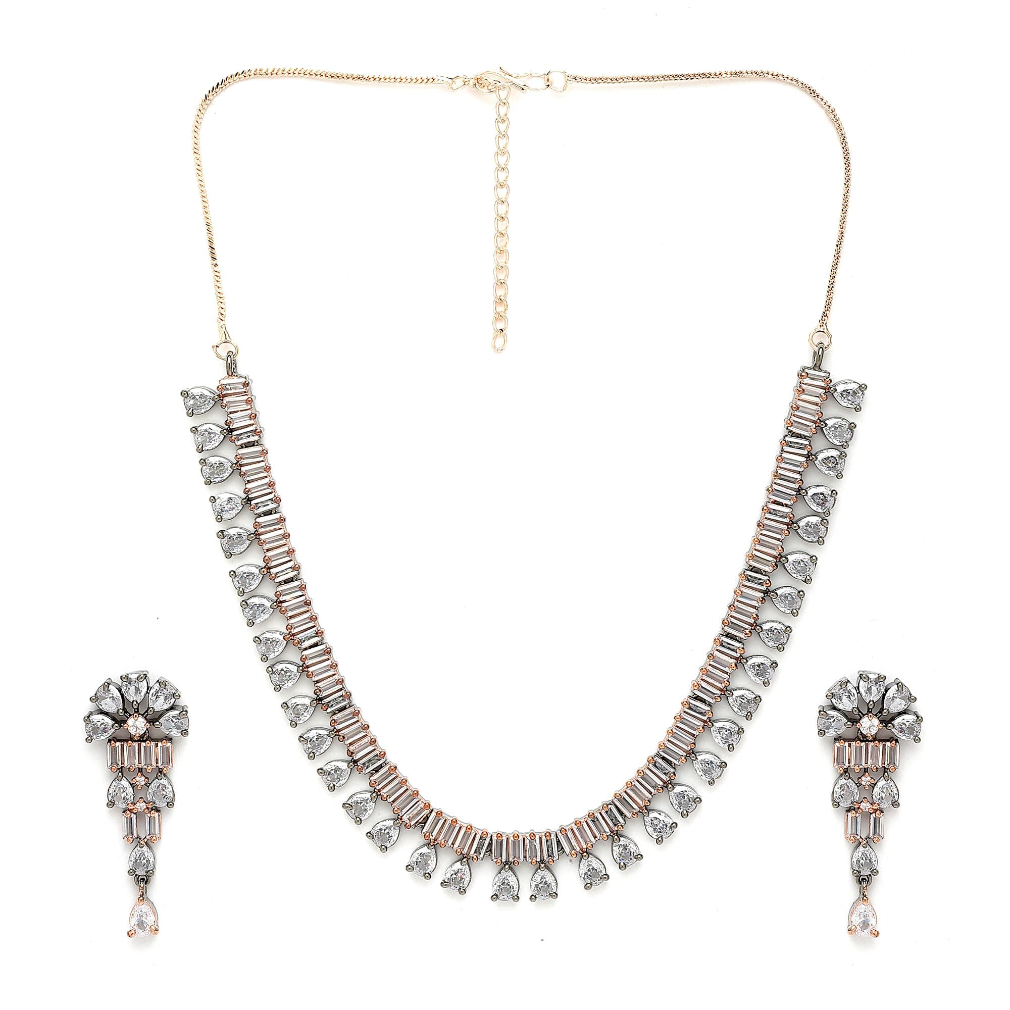 ZENEME Antique Black-Toned White American Diamond Baguette & Pear Drop Necklace Set with Earrings for Women & Girls | Elegant Designer Statement Jewellery