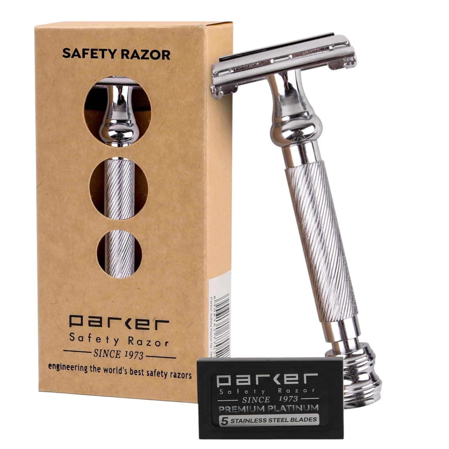 PARKER Safety Razor Men Long Handle Heavyweight Butterfly Open Razors And 5 Platinum Double Edge Blades