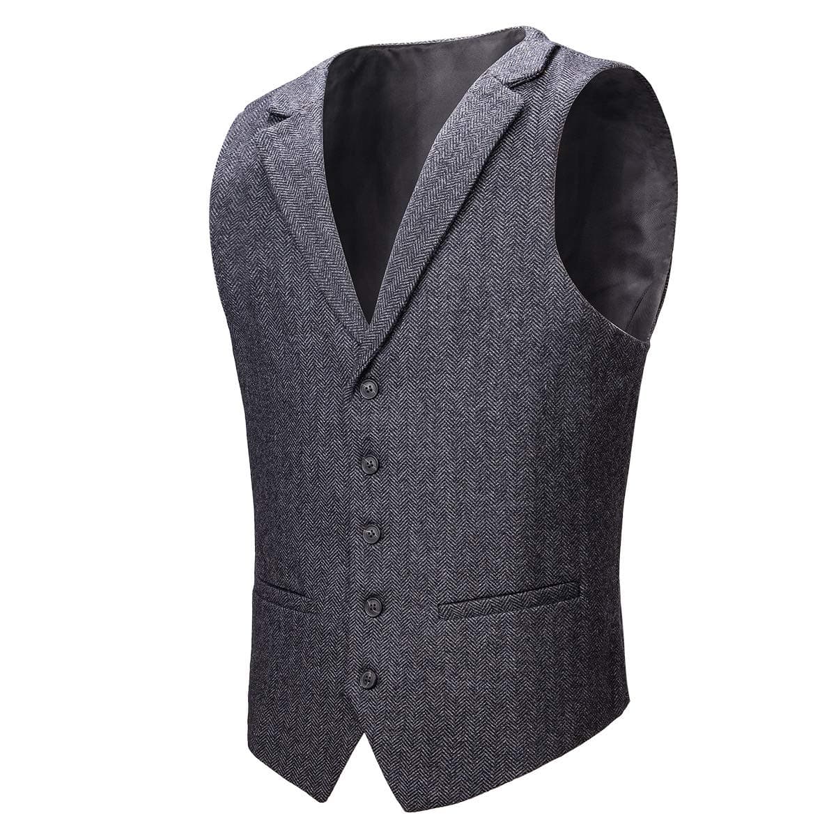 VOBOOM Mens Herringbone Tailored Collar Waistcoat Fullback Wool Tweed Suit Vest