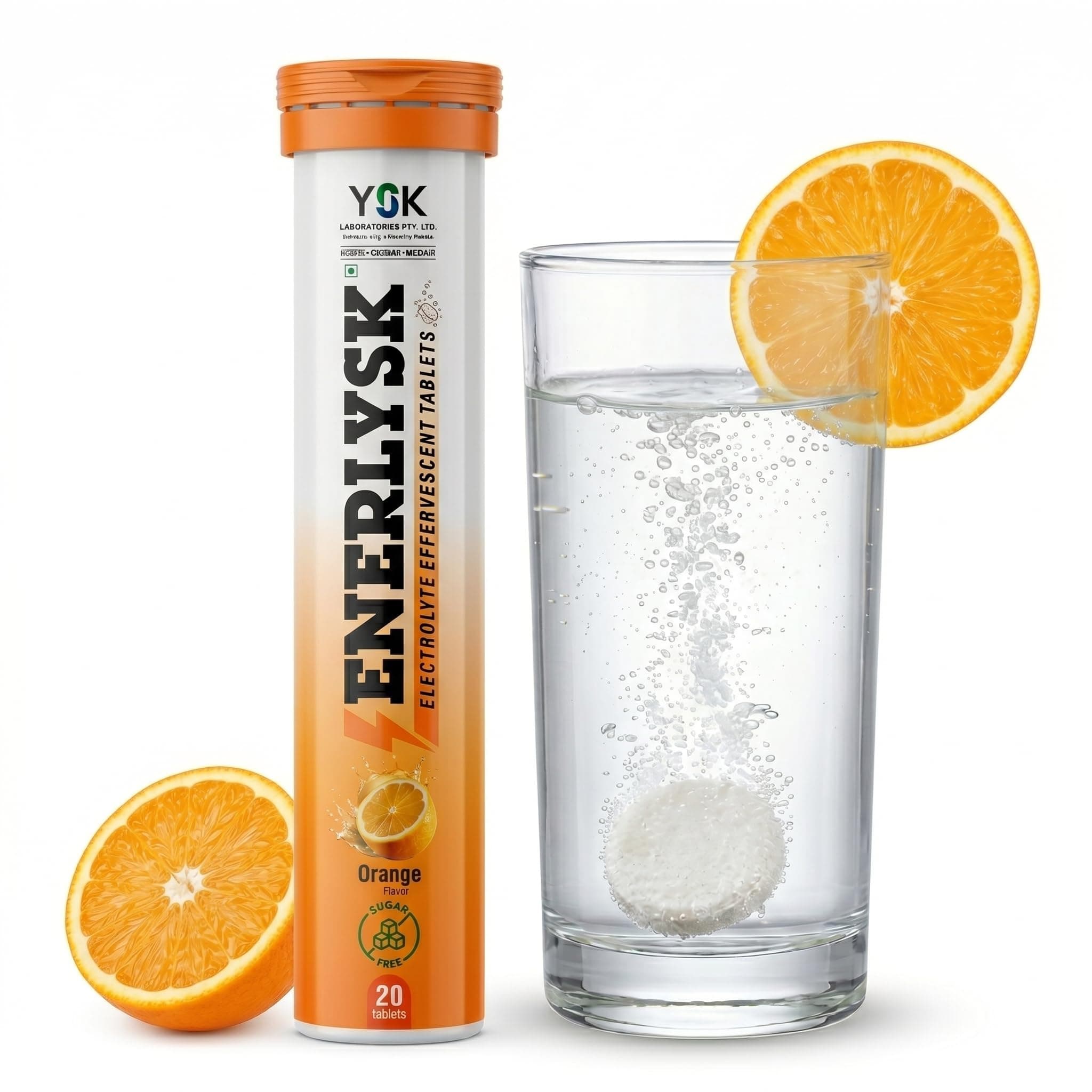 Electrolyte Effervescent Tablets – Zero Sugar Hydration Drink | 5 Electrolytes + Vitamin C & B12 | Orange Flavour | 20 Tablets | For Sports, Gym & Daily Use – Enerlysk