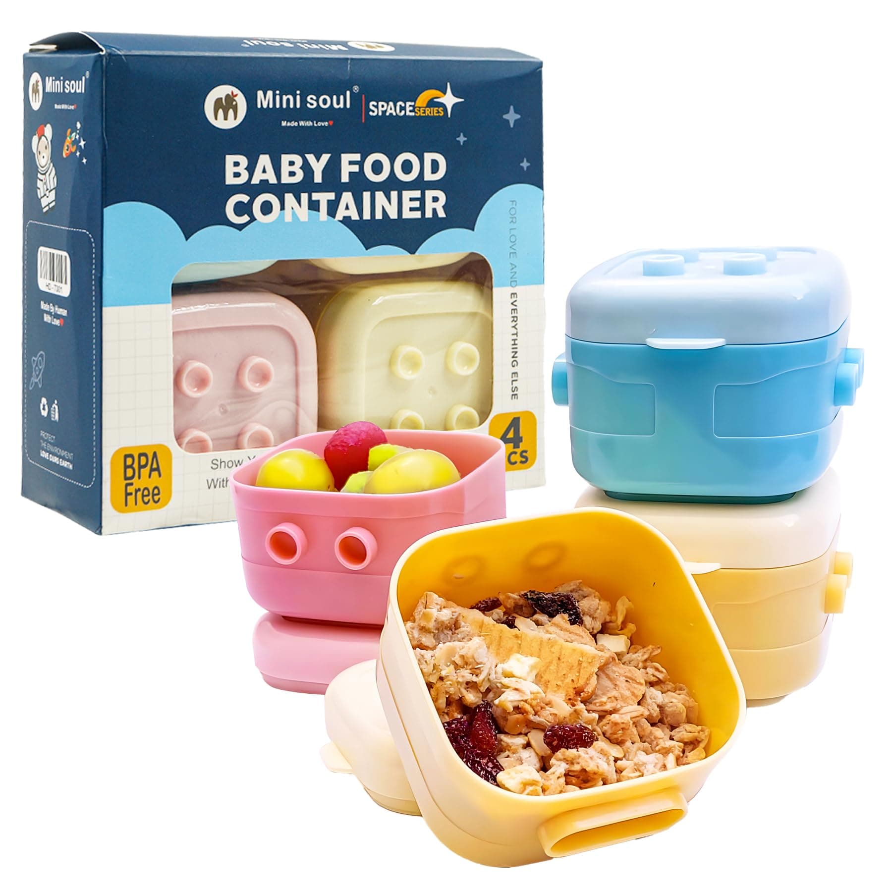 MINI SOUL 4 Pcs Food Storage Container for Baby, Cover Lid Stackable Milk Container, BPA Free Food Grade Material, Portable Snack Container for Infants, 120ml each, (Pack of 4, Multicolor)