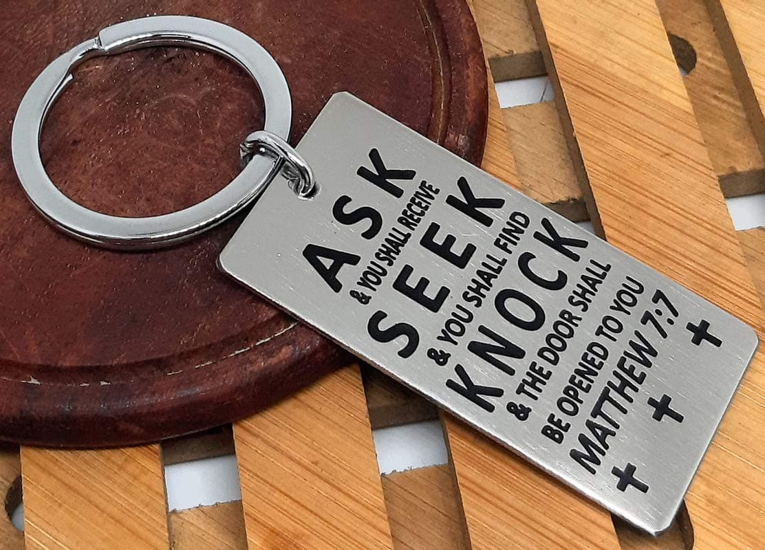 Aura Holy Bible Verses Matthew 7:7 Stainless Steel Silver Key Chain