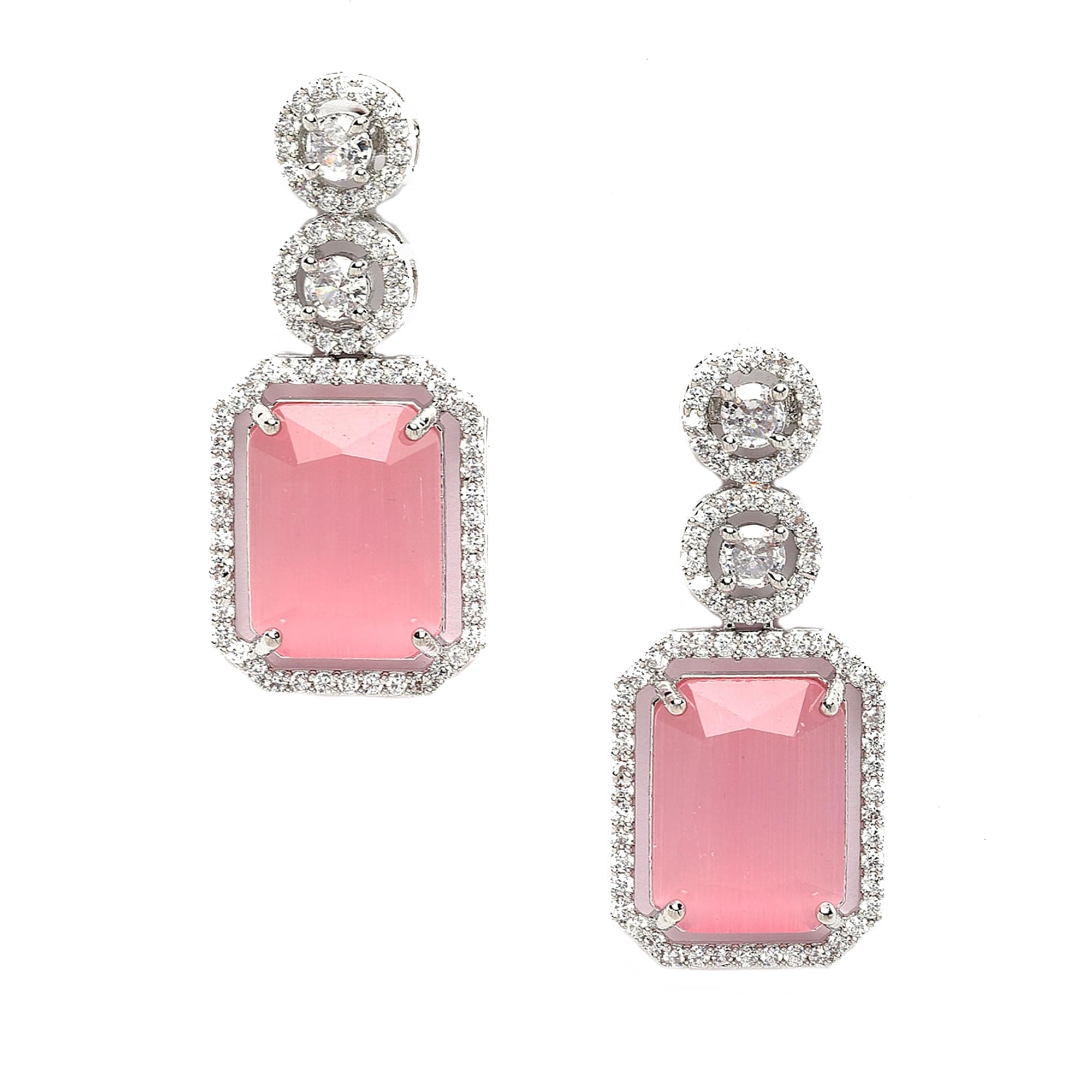 ZENEME Rhodium-Plated Silver-Toned Pink American Diamond Rectangle Drop Earrings for Women & Girls Stone Detailing Jewellery