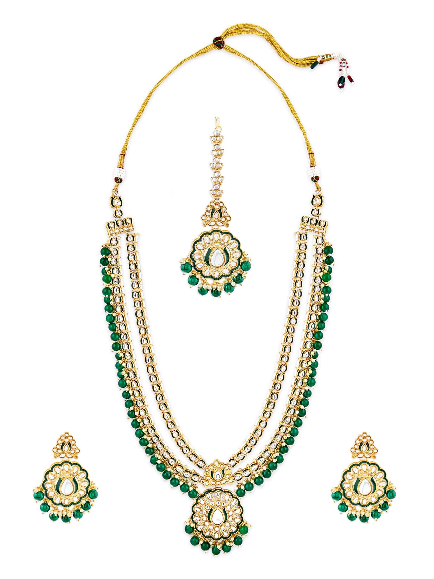 ZAVERI PEARLS Green Meenakari Bridal Kundan Long Necklace Earring & Maangtikka Set For Women-ZPFK17195