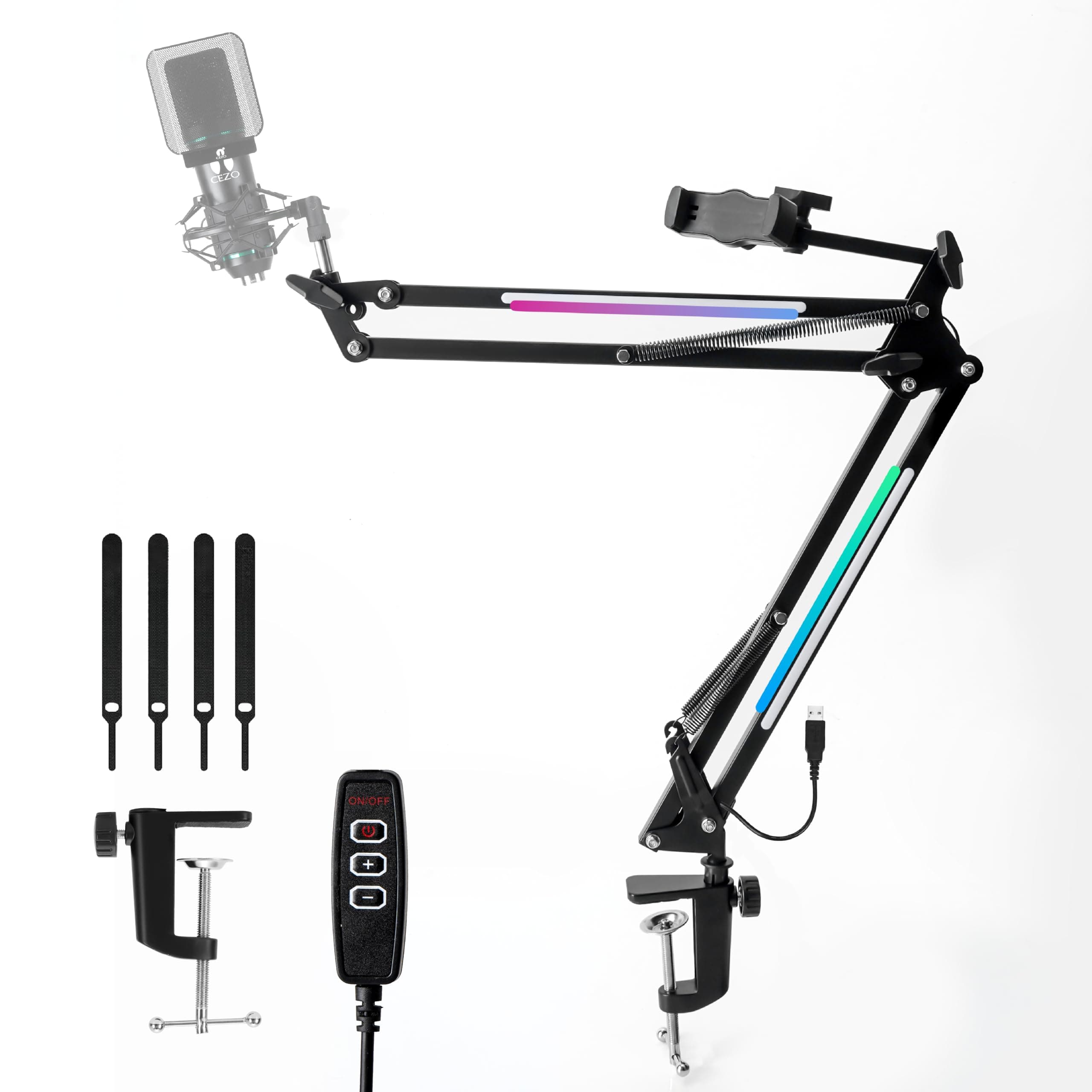 Cezo RGB Overhead Boom Arm Stand For Microphone with Mobile Phone Holder and 7 Colour Modes |Suspension Boom Scissor Microphone Arm Stand for Studio Recording Broadcasting and Gaming
