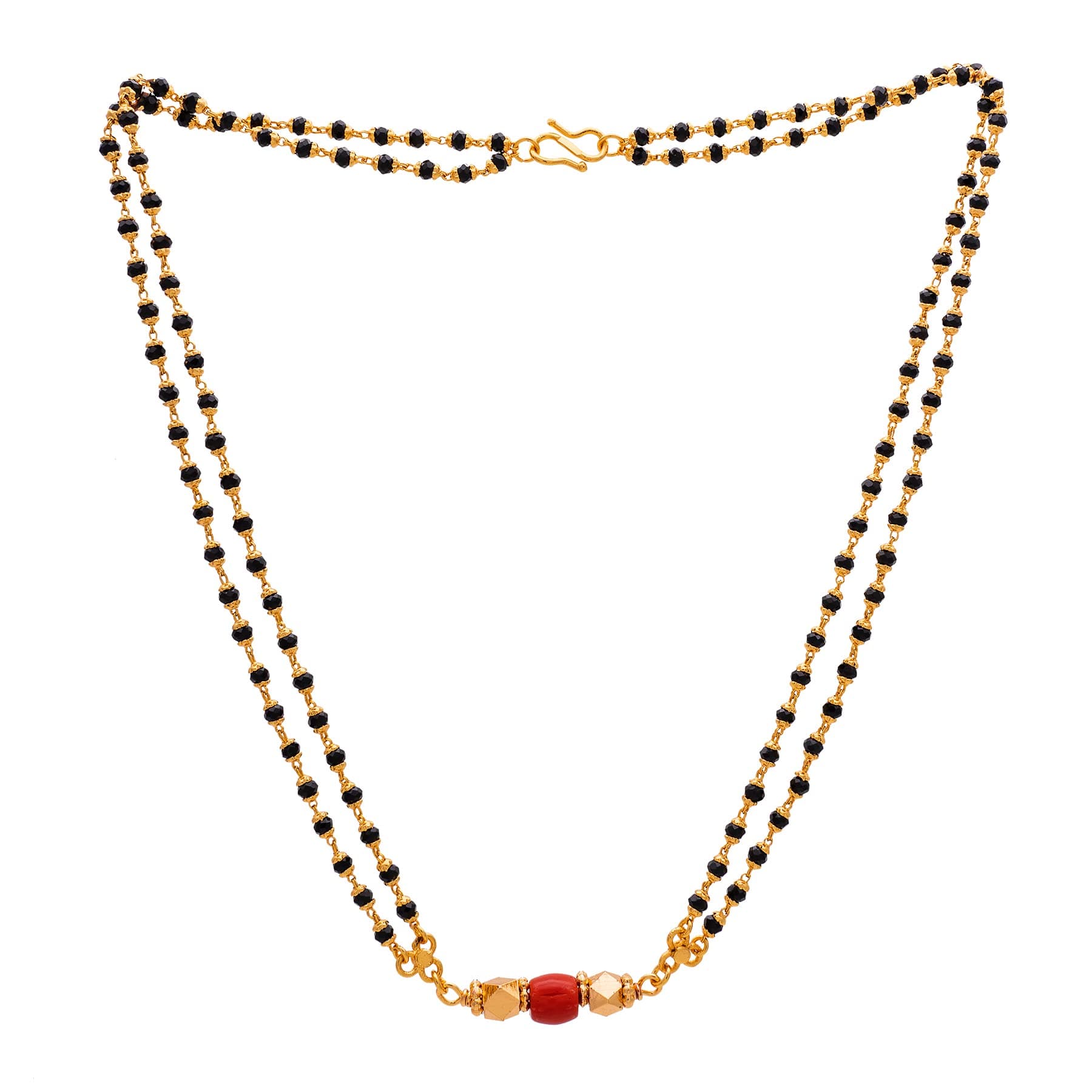 Radha's Creations black crystal mangalsutra SHORT 18" length with red beads and golden pendant for women one gram gold No.1127