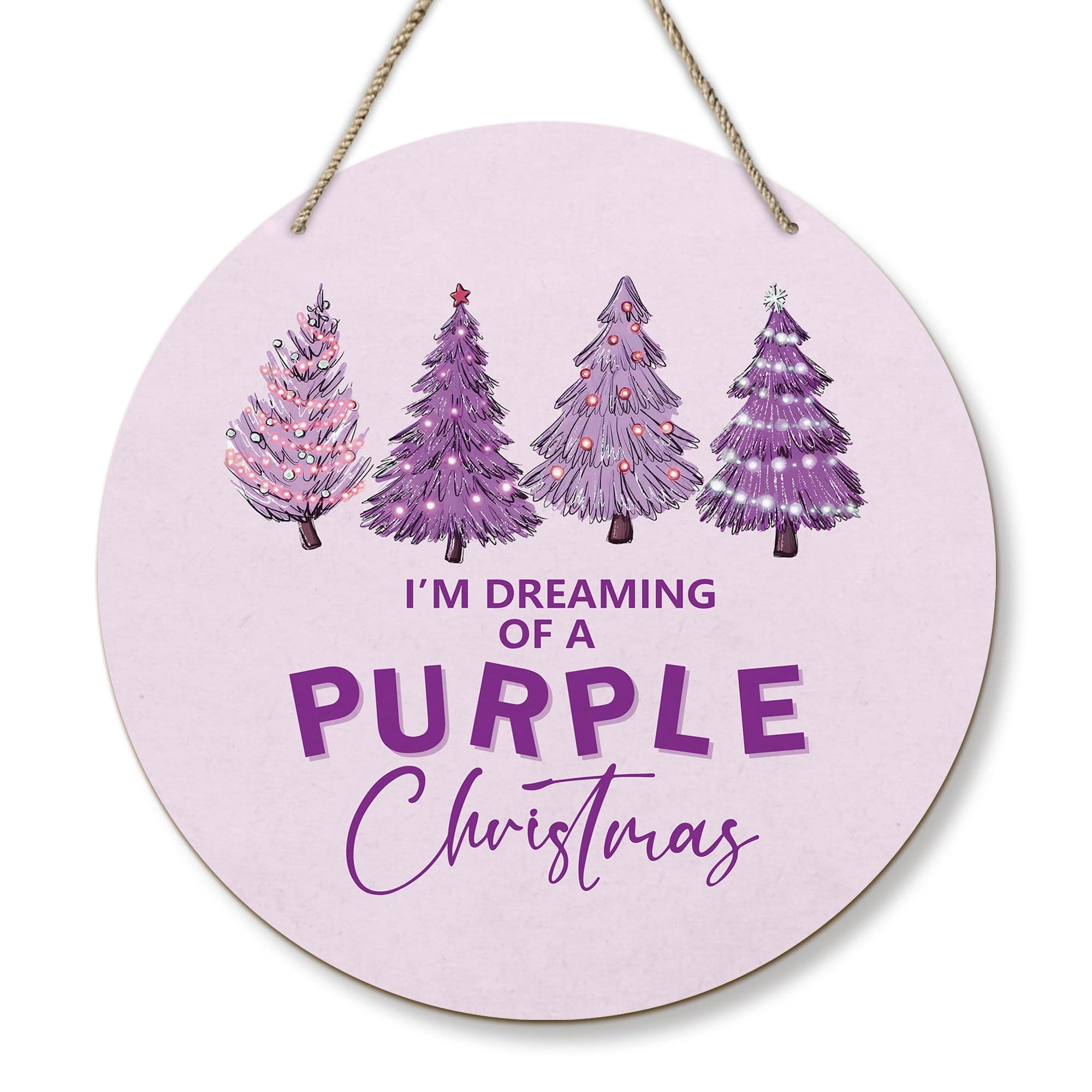 PHAMTE Purple Christmas Tree Round Wreath Sign, I'm Dreaming of A Purple Christmas Wall Hanging Plaque Wood Sign, Trendy Festive Decor for Wall, Door, Porch, Room - 12 Inch