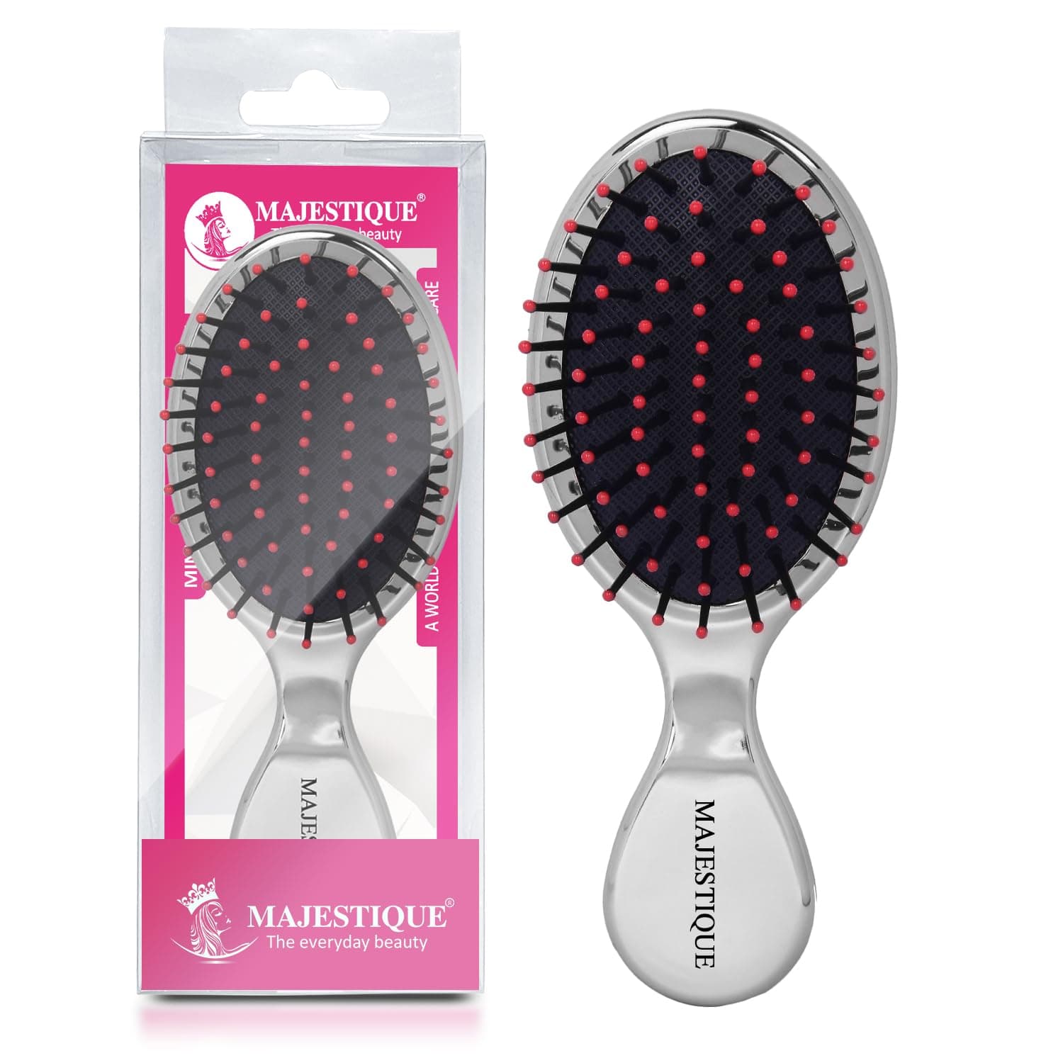 Majestique Mini Pocket Detangling Brush – Soft Ball-Tipped Nylon Bristles Paddle Comb for Kids & Adults | Wet & Dry Hair Styling Brush for Travel & On-the-Go Grooming | Color May Vary