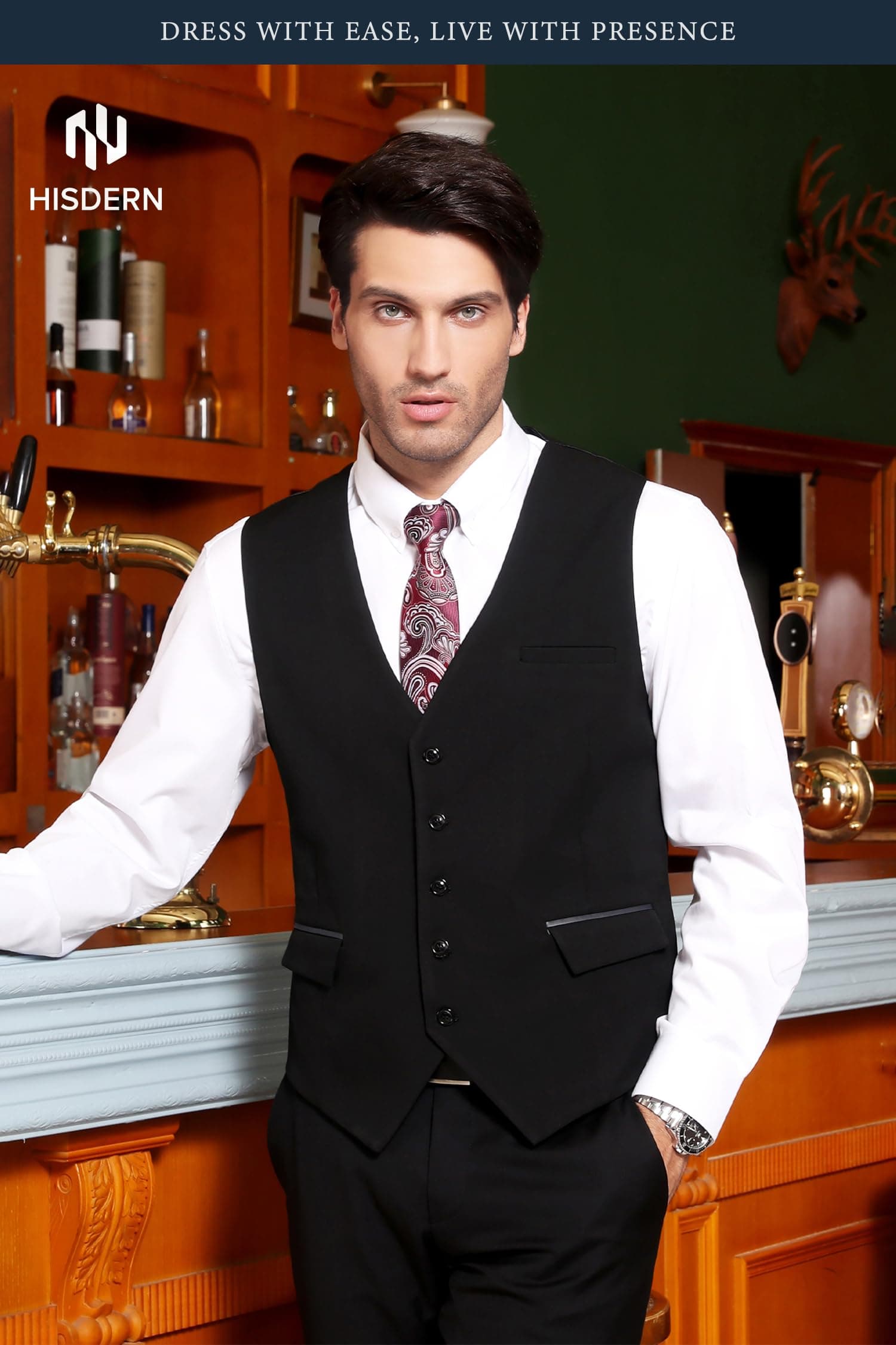 HISDERN Men's Suit Vest Business Formal Dress Vest for Tuxedo Slim Fit Cotton Plaid Waistcoat
