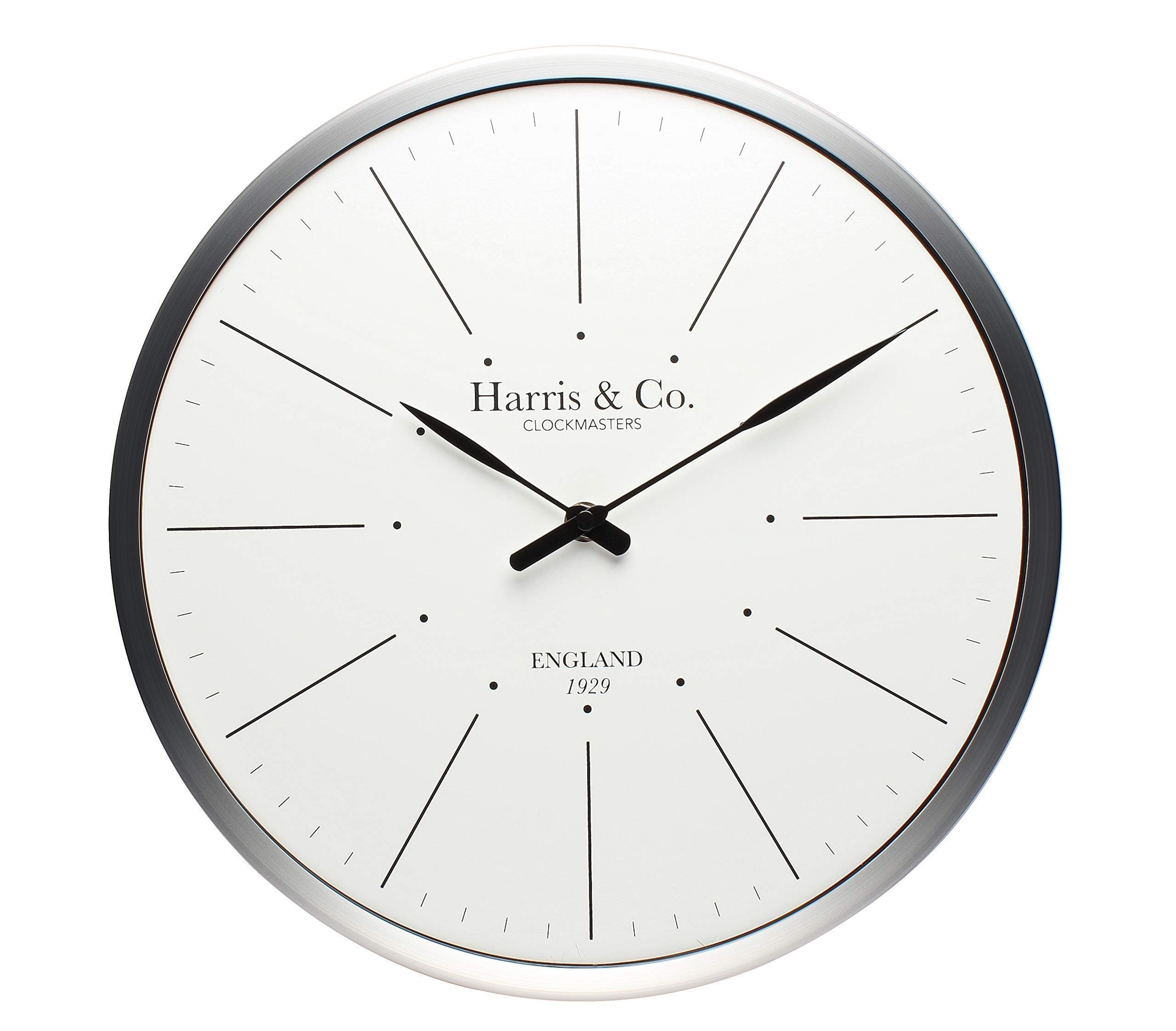 HARRIS & CO. CLOCKMASTERS Premium Luxury Analog Wall Clock, Minimalist Design - 13 Inch (Metal Frame & Curved Glass)(Silent Sweep Noiseless Technology)(White)